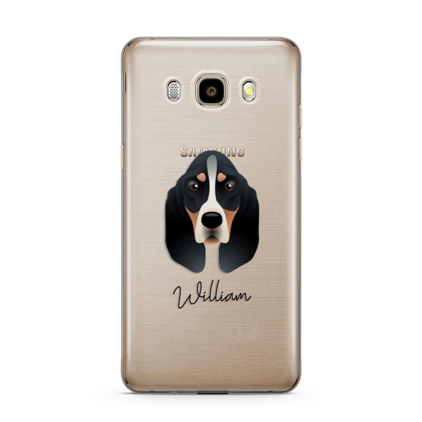 Basset Bleu De Gascogne Personalised Samsung Galaxy J7 2016 Case on gold phone