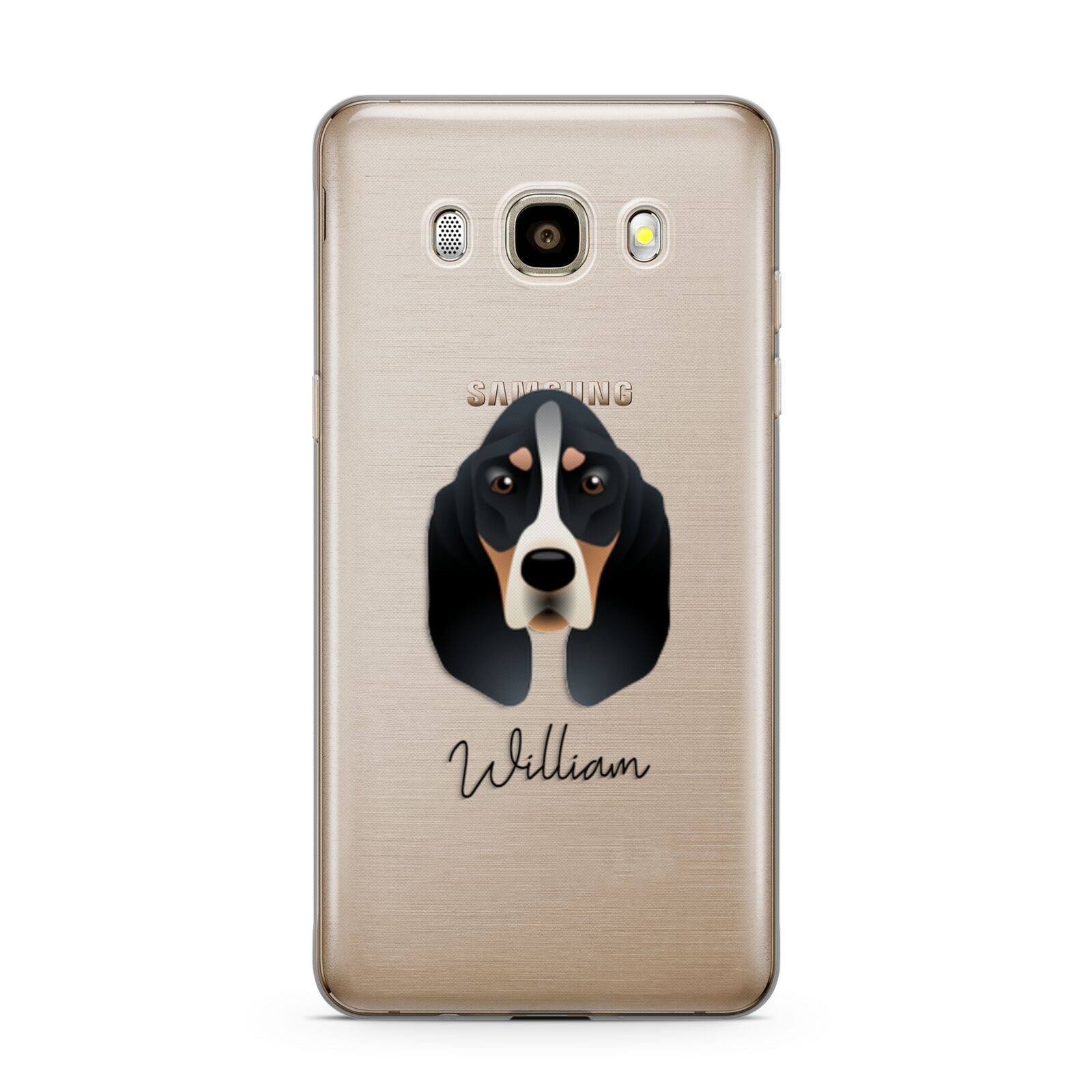 Basset Bleu De Gascogne Personalised Samsung Galaxy J7 2016 Case on gold phone