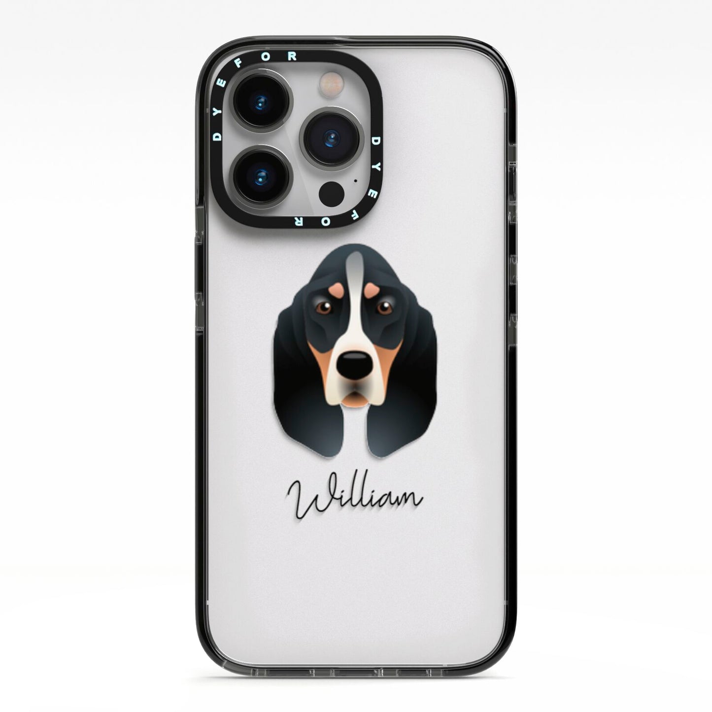 Basset Bleu De Gascogne Personalised iPhone 13 Pro Black Impact Case on Silver phone