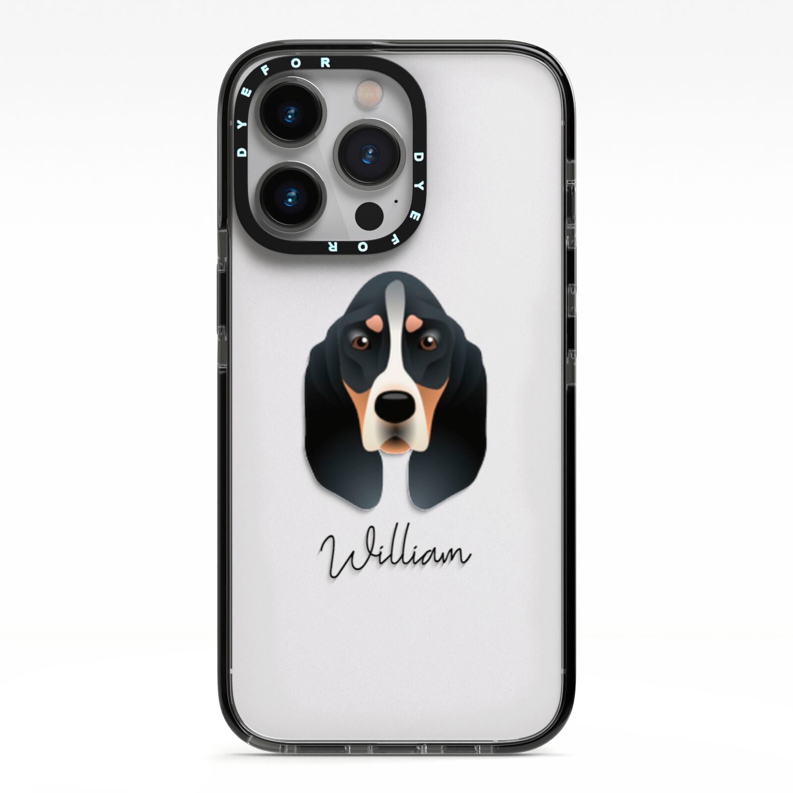 Basset Bleu De Gascogne Personalised iPhone 13 Pro Black Impact Case on Silver phone