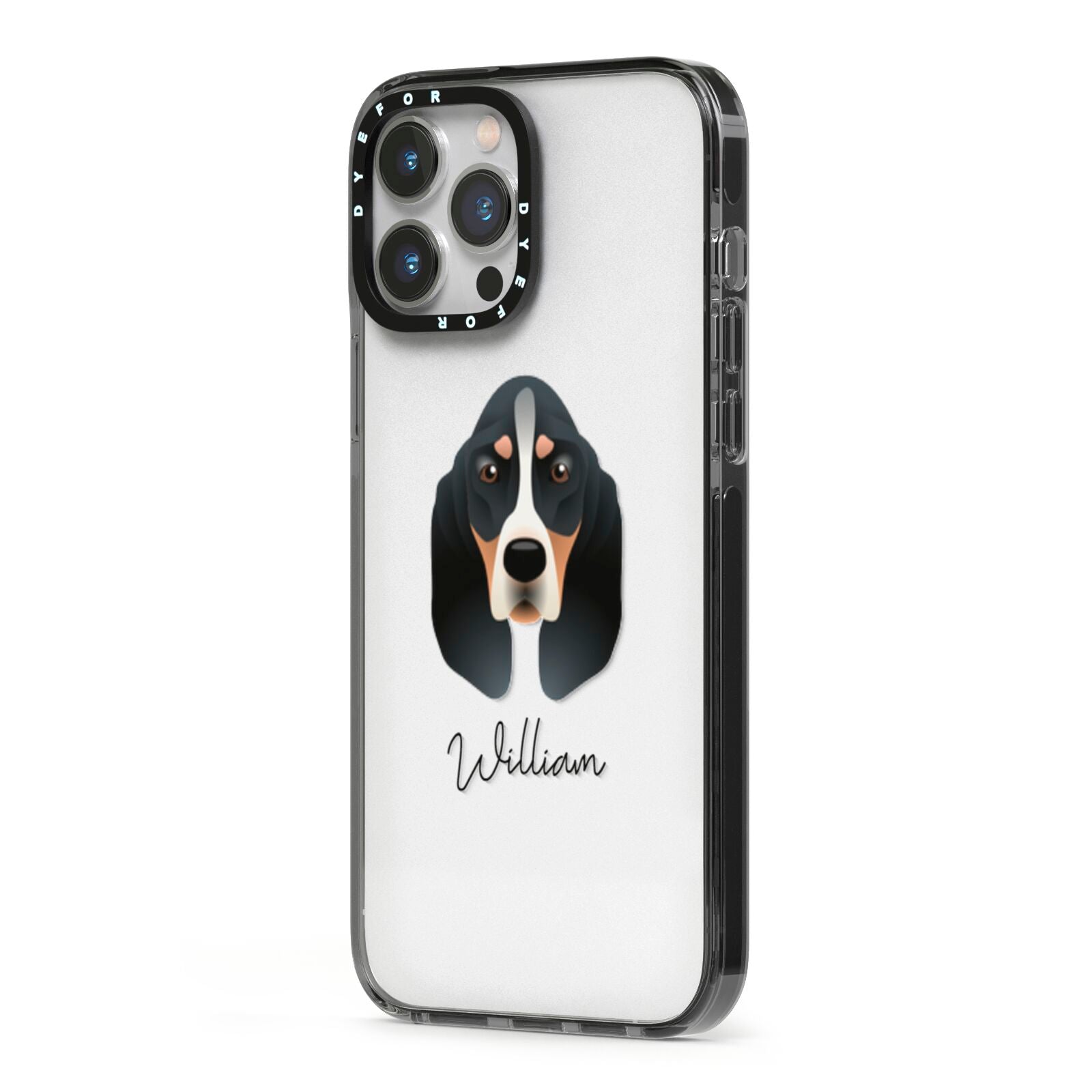 Basset Bleu De Gascogne Personalised iPhone 13 Pro Max Black Impact Case Side Angle on Silver phone
