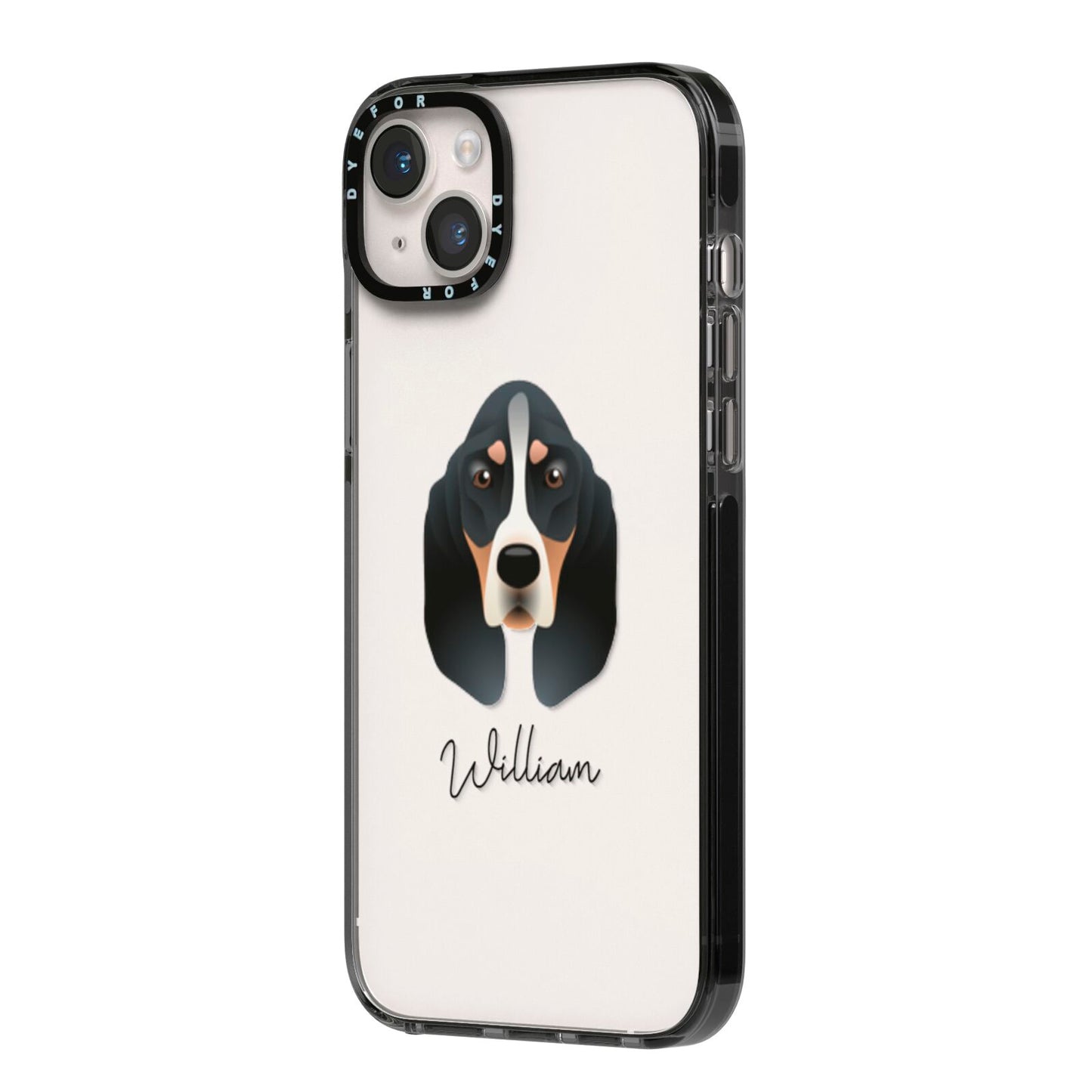 Basset Bleu De Gascogne Personalised iPhone 14 Plus Black Impact Case Side Angle on Silver phone