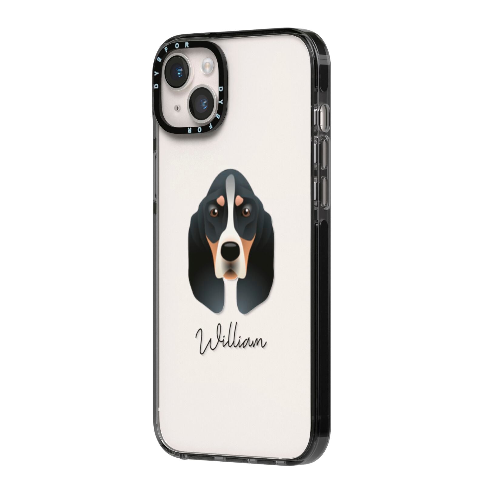 Basset Bleu De Gascogne Personalised iPhone 14 Plus Black Impact Case Side Angle on Silver phone