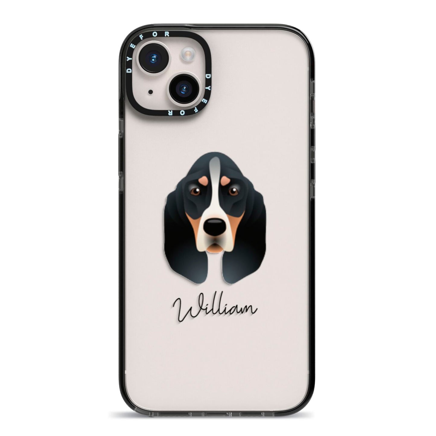 Basset Bleu De Gascogne Personalised iPhone 14 Plus Black Impact Case on Silver phone