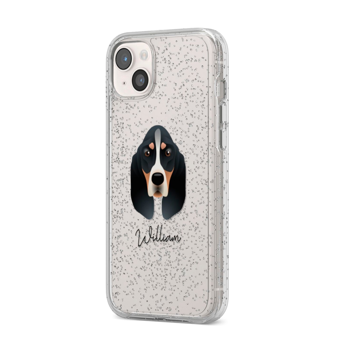 Basset Bleu De Gascogne Personalised iPhone 14 Plus Glitter Tough Case Starlight Angled Image