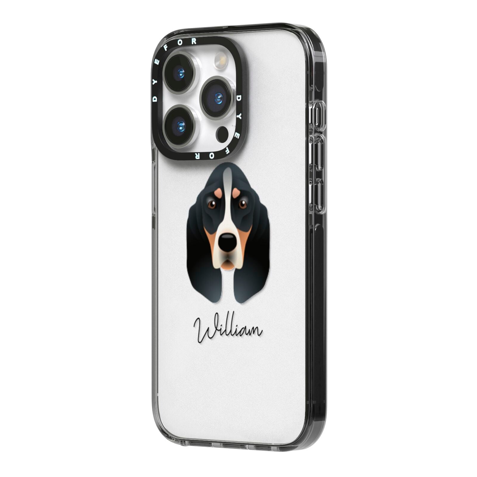 Basset Bleu De Gascogne Personalised iPhone 14 Pro Black Impact Case Side Angle on Silver phone