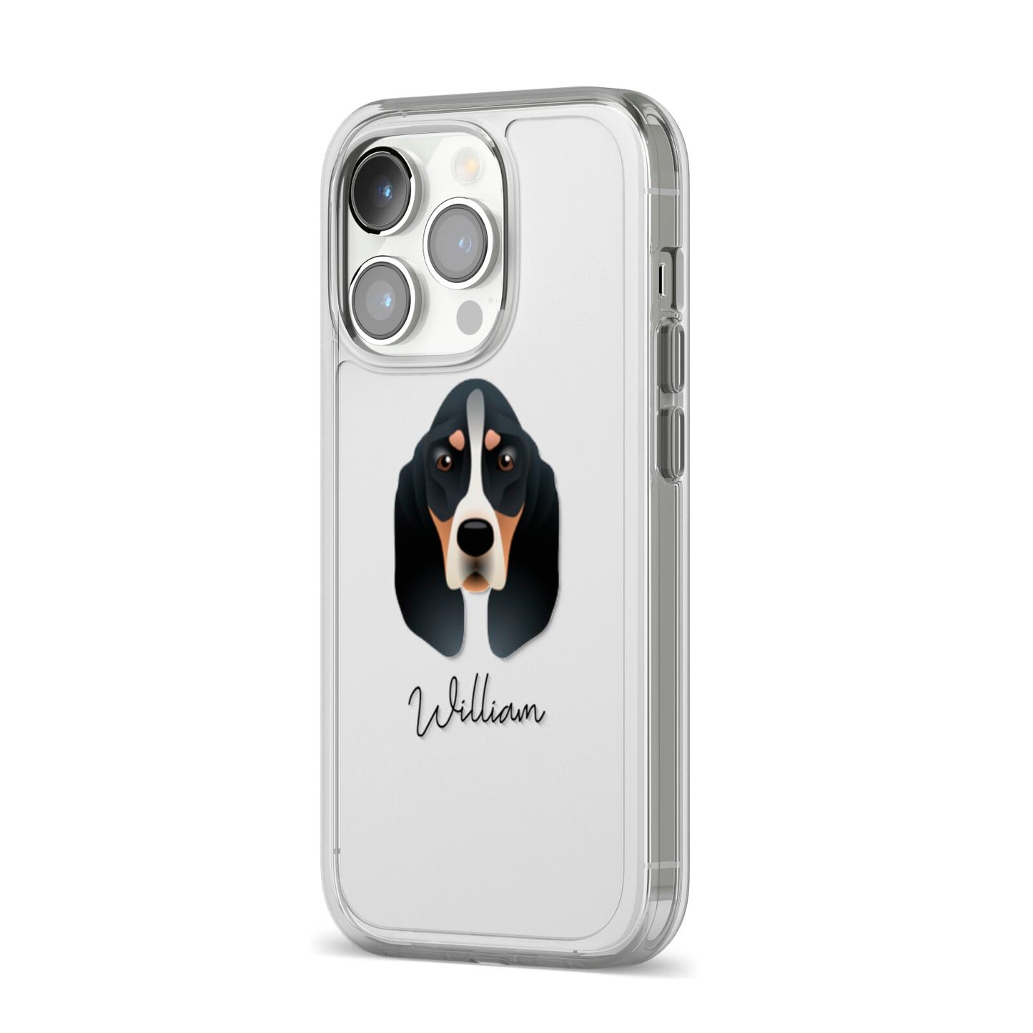 Basset Bleu De Gascogne Personalised iPhone 14 Pro Clear Tough Case Silver Angled Image