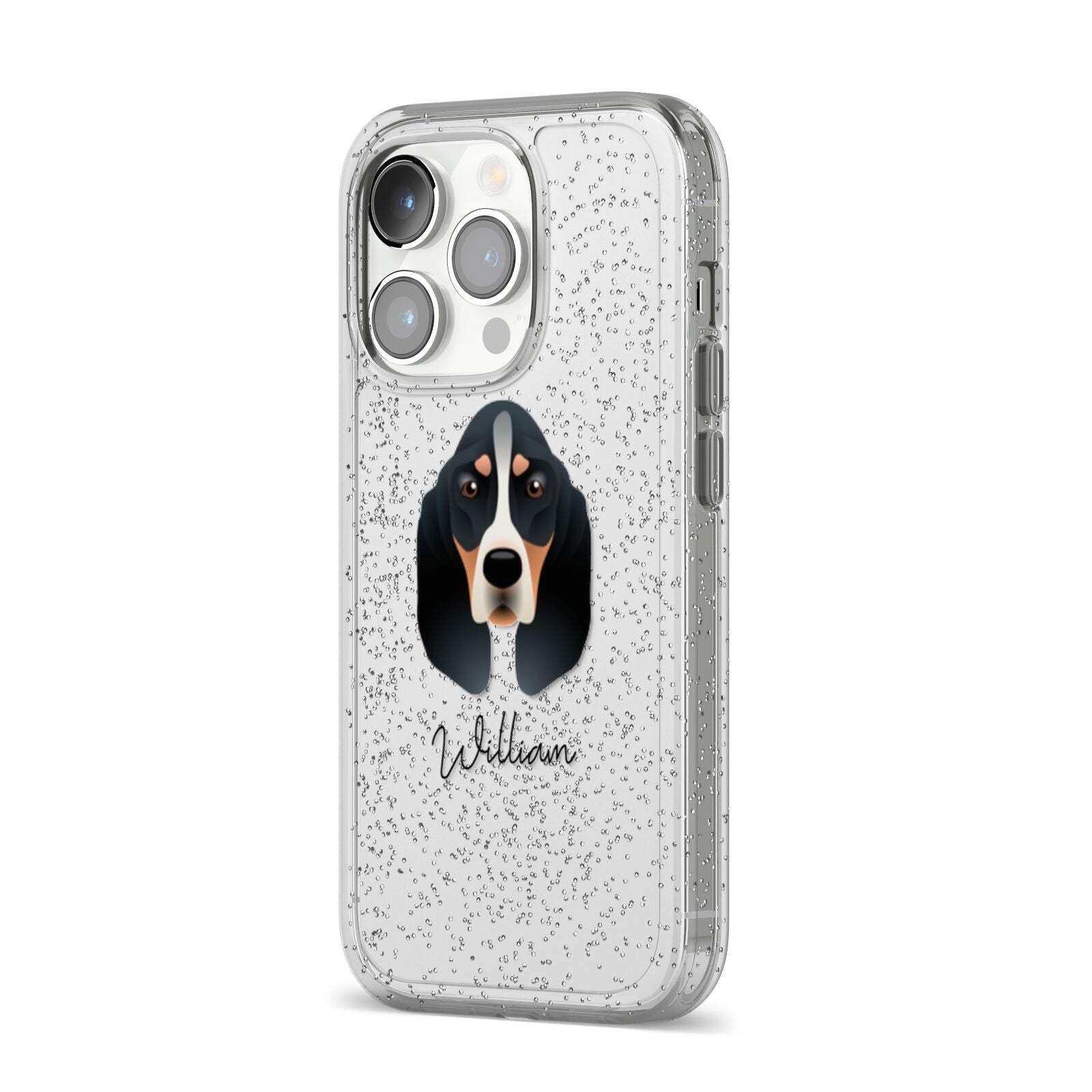 Basset Bleu De Gascogne Personalised iPhone 14 Pro Glitter Tough Case Silver Angled Image
