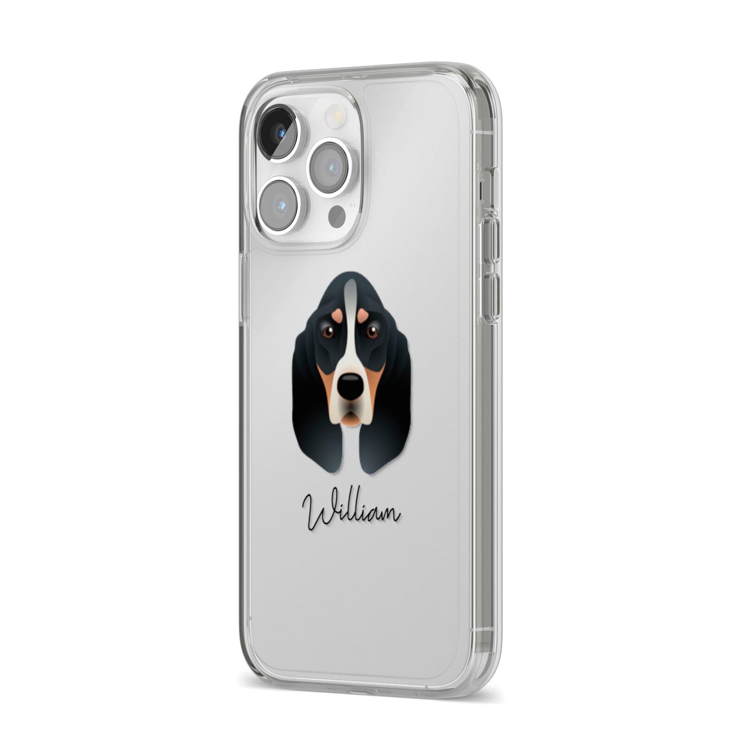 Basset Bleu De Gascogne Personalised iPhone 14 Pro Max Clear Tough Case Silver Angled Image