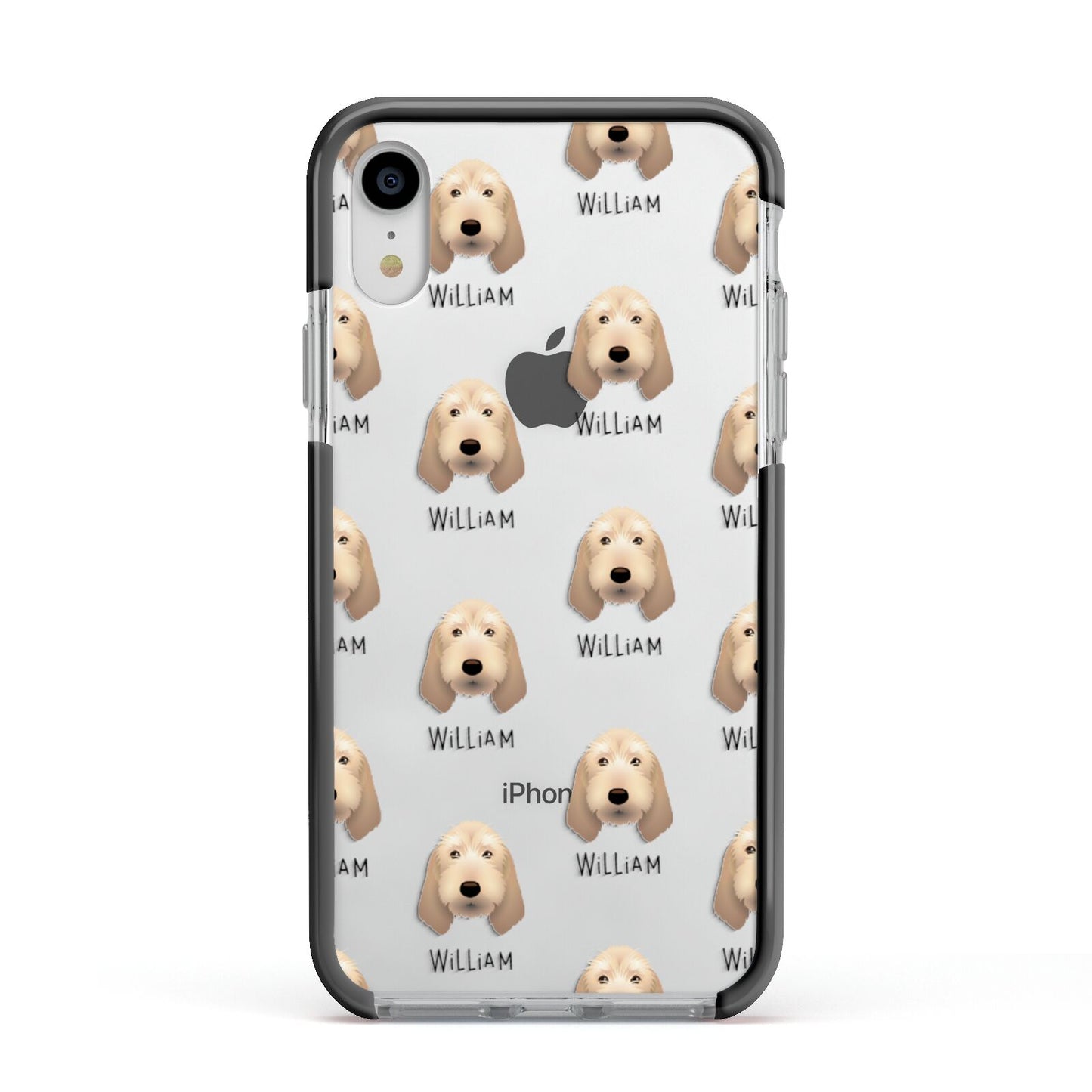 Basset Fauve De Bretagne Icon with Name Apple iPhone XR Impact Case Black Edge on Silver Phone
