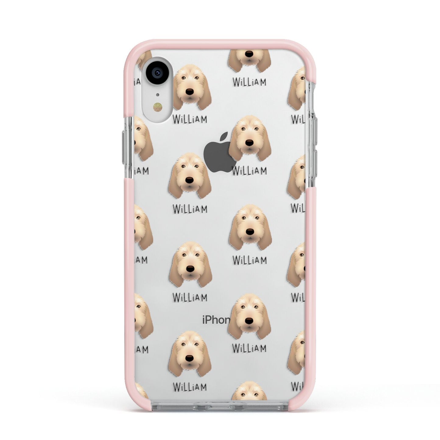 Basset Fauve De Bretagne Icon with Name Apple iPhone XR Impact Case Pink Edge on Silver Phone