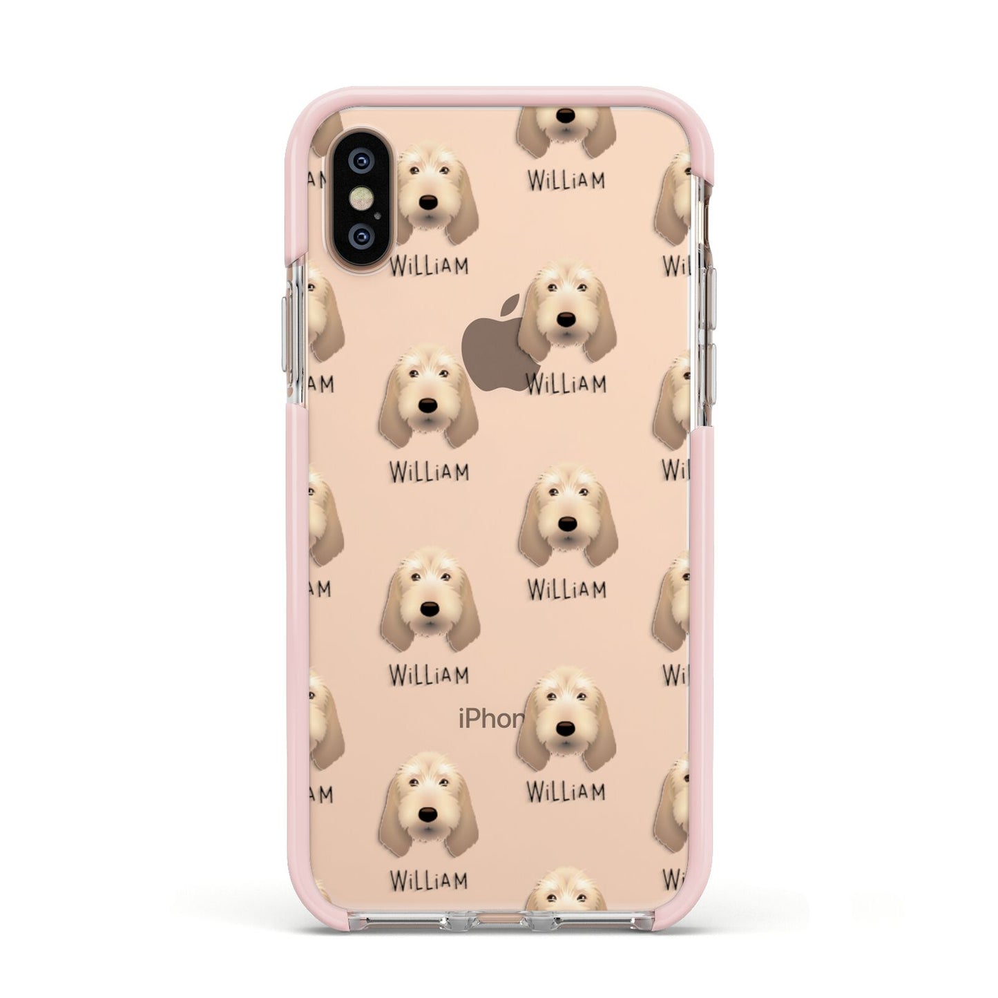 Basset Fauve De Bretagne Icon with Name Apple iPhone Xs Impact Case Pink Edge on Gold Phone