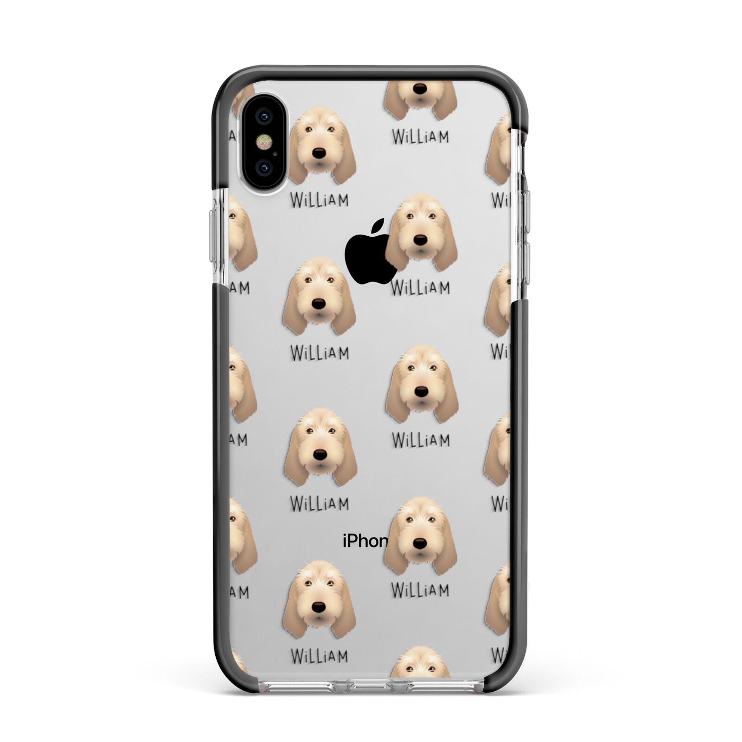 Basset Fauve De Bretagne Icon with Name Apple iPhone Xs Max Impact Case Black Edge on Silver Phone