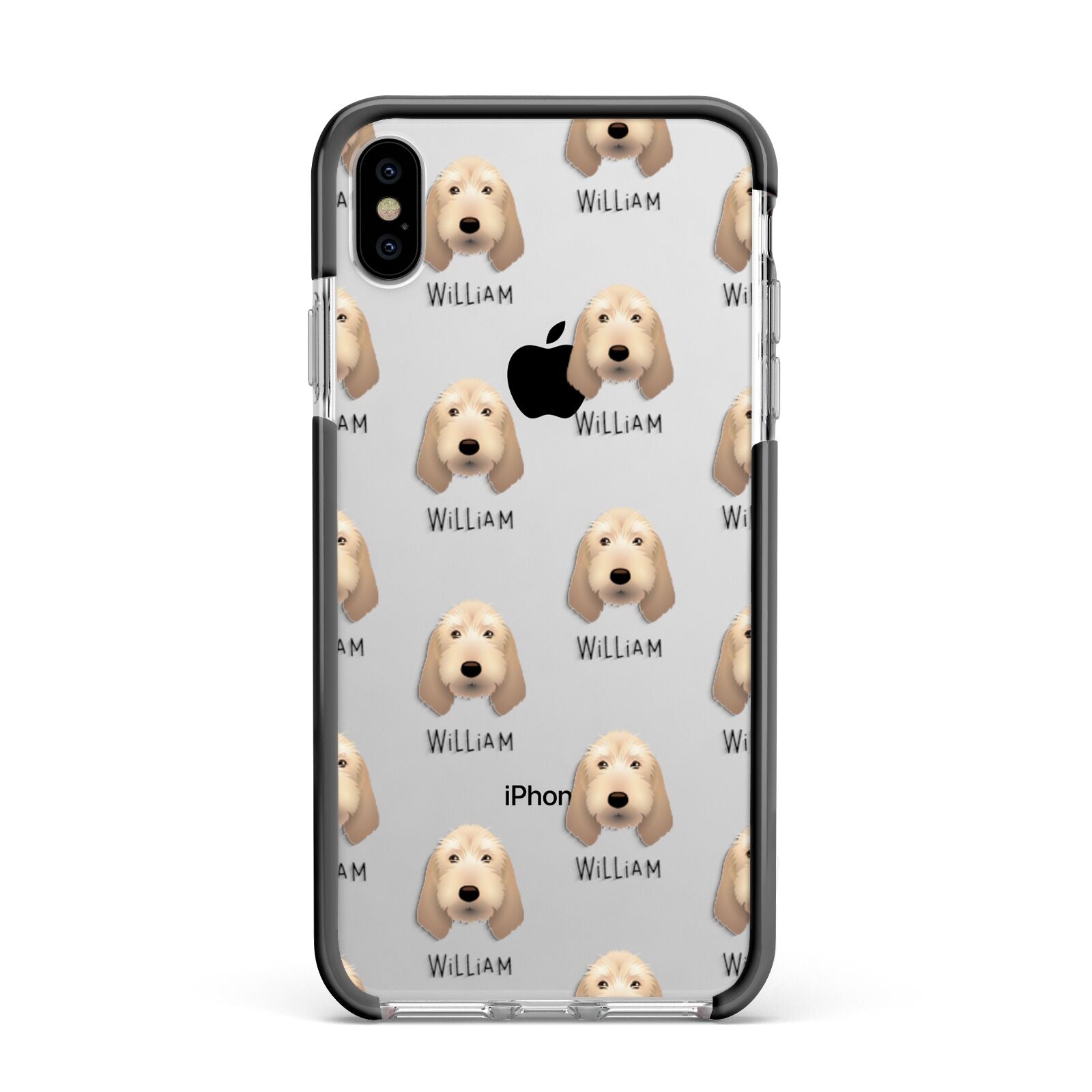Basset Fauve De Bretagne Icon with Name Apple iPhone Xs Max Impact Case Black Edge on Silver Phone