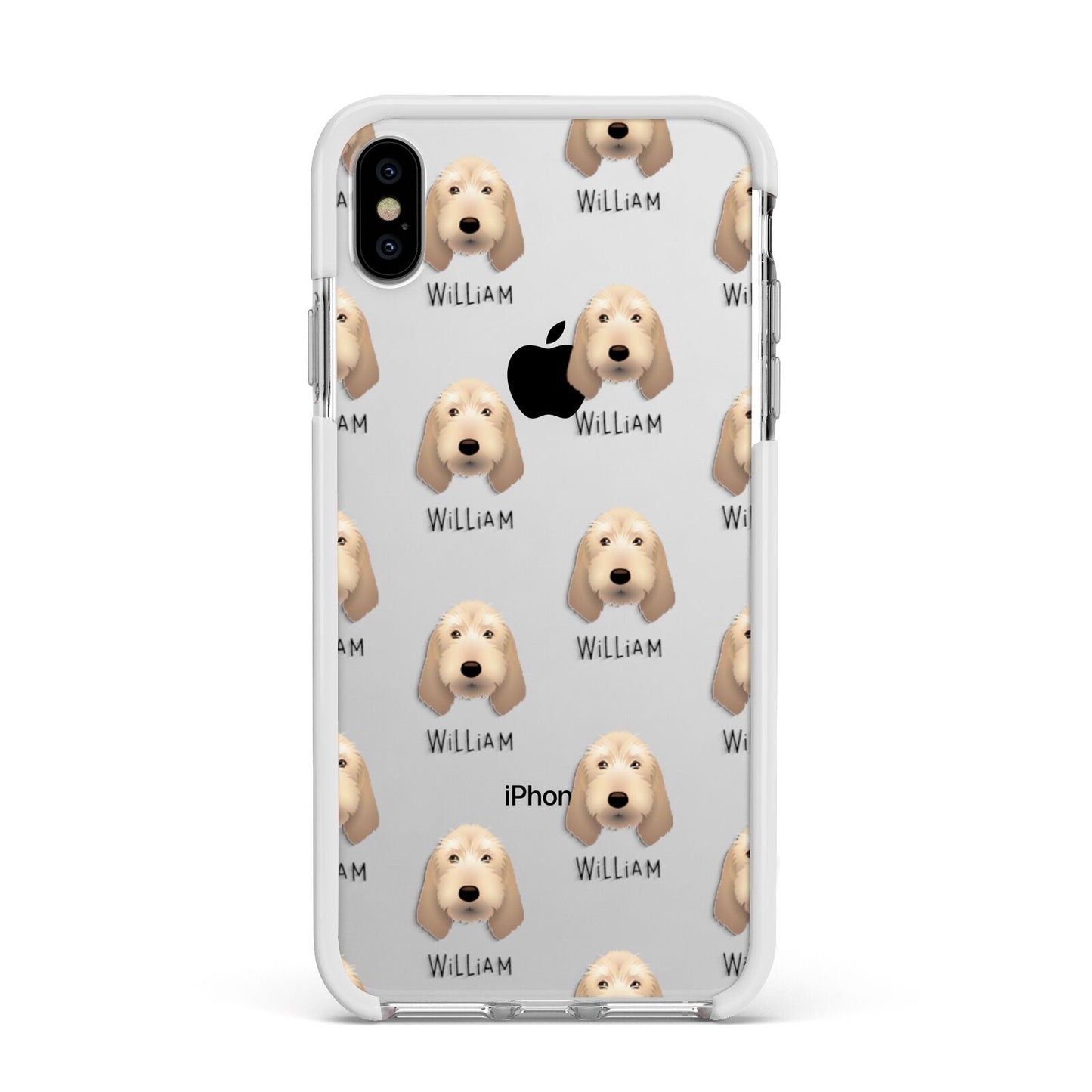 Basset Fauve De Bretagne Icon with Name Apple iPhone Xs Max Impact Case White Edge on Silver Phone