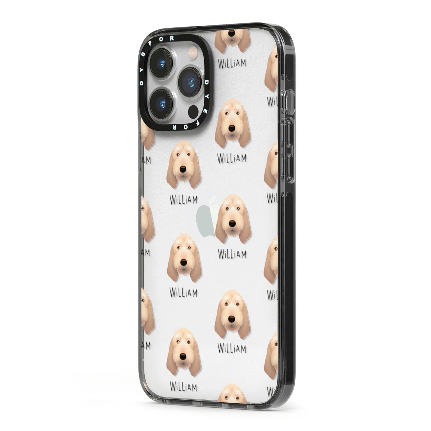 Basset Fauve De Bretagne Icon with Name iPhone 13 Pro Max Black Impact Case Side Angle on Silver phone