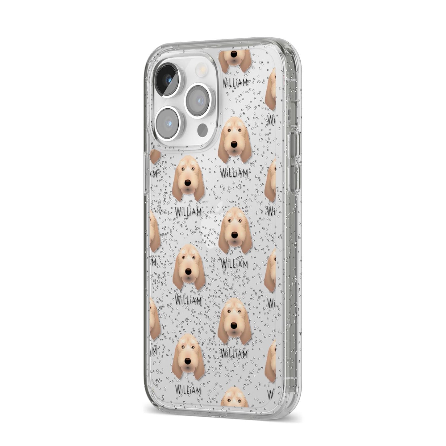Basset Fauve De Bretagne Icon with Name iPhone 14 Pro Max Glitter Tough Case Silver Angled Image