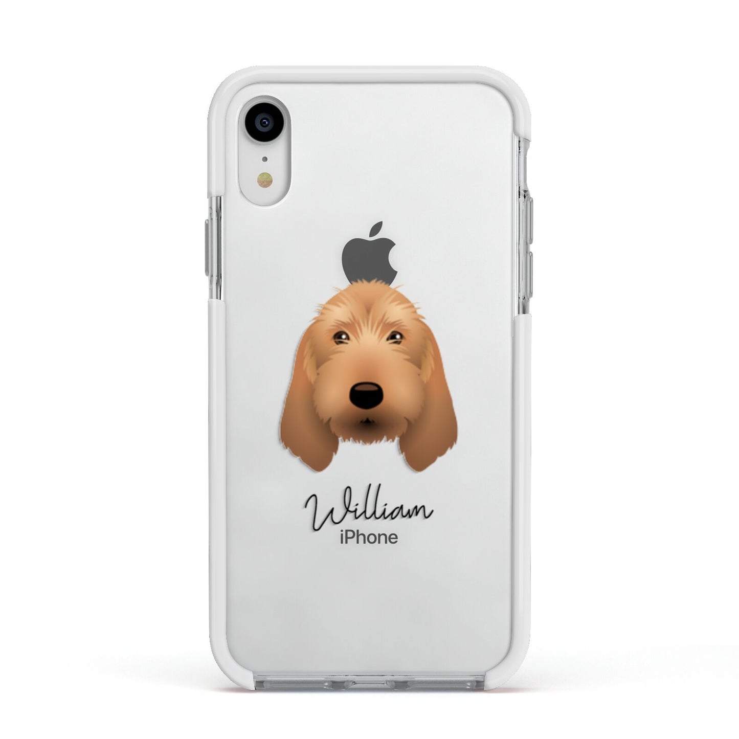 Basset Fauve De Bretagne Personalised Apple iPhone XR Impact Case White Edge on Silver Phone