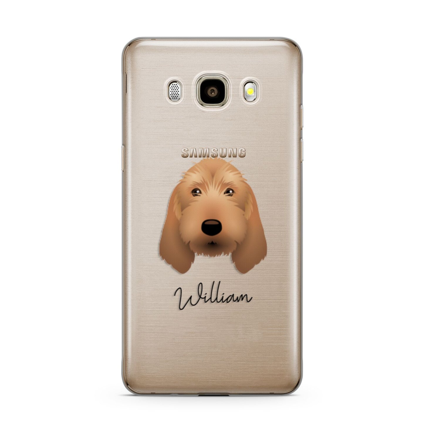 Basset Fauve De Bretagne Personalised Samsung Galaxy J7 2016 Case on gold phone