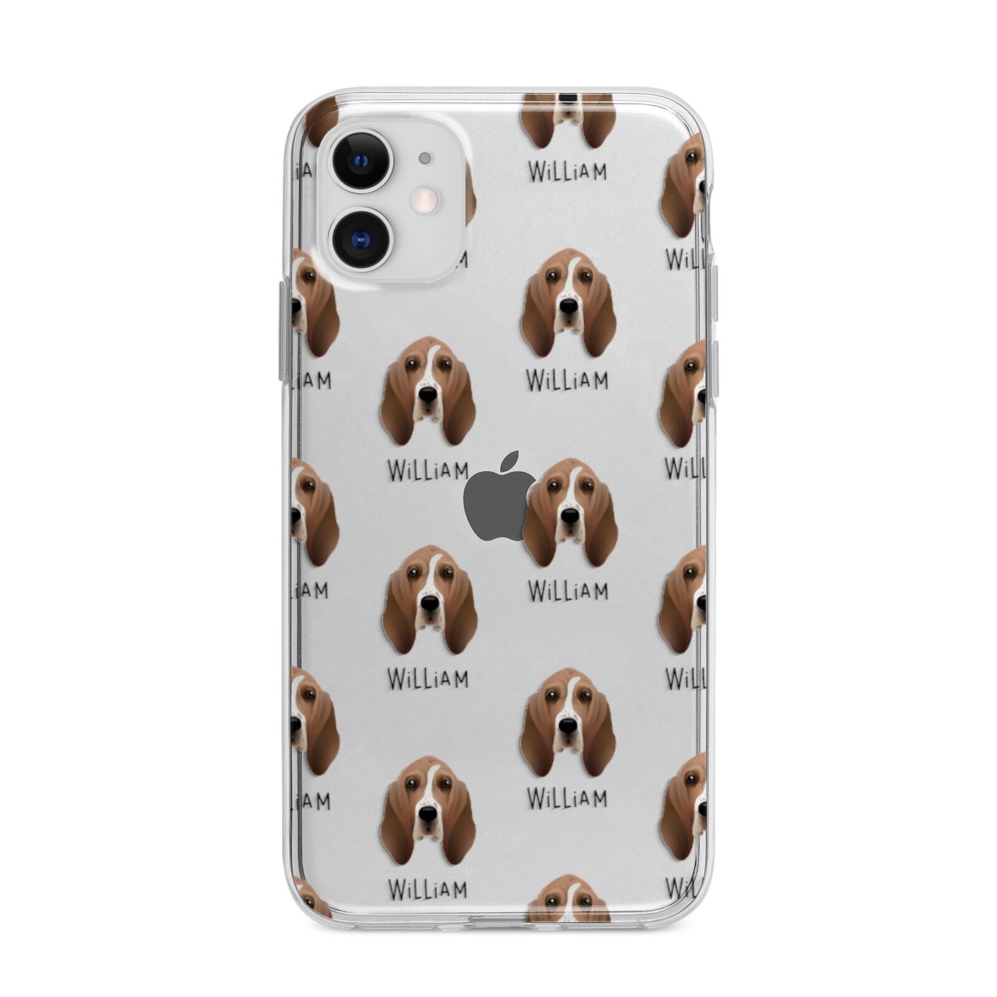 Basset Hound Icon with Name Apple iPhone 11 in White with Bumper Case