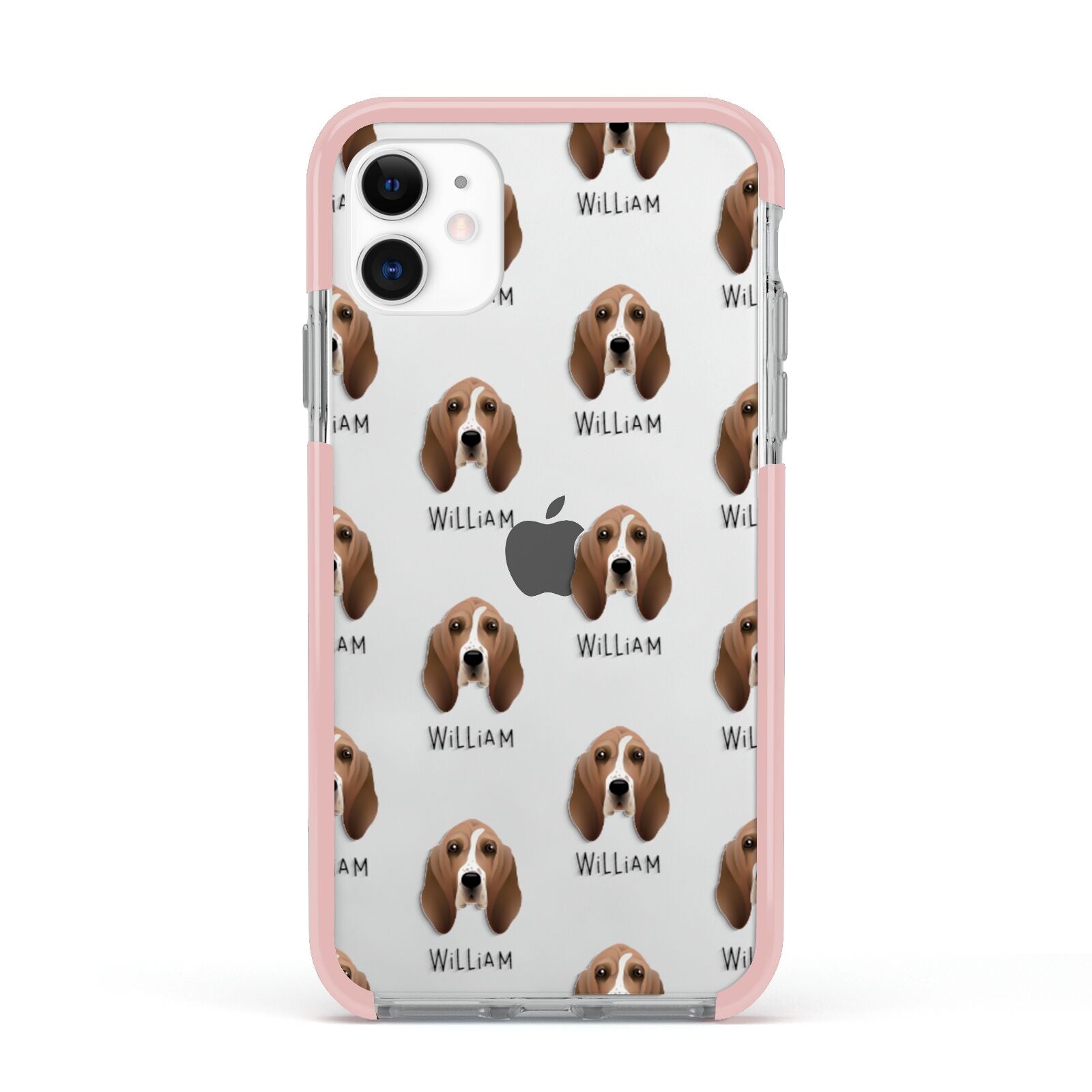 Basset Hound Icon with Name Apple iPhone 11 in White with Pink Impact Case
