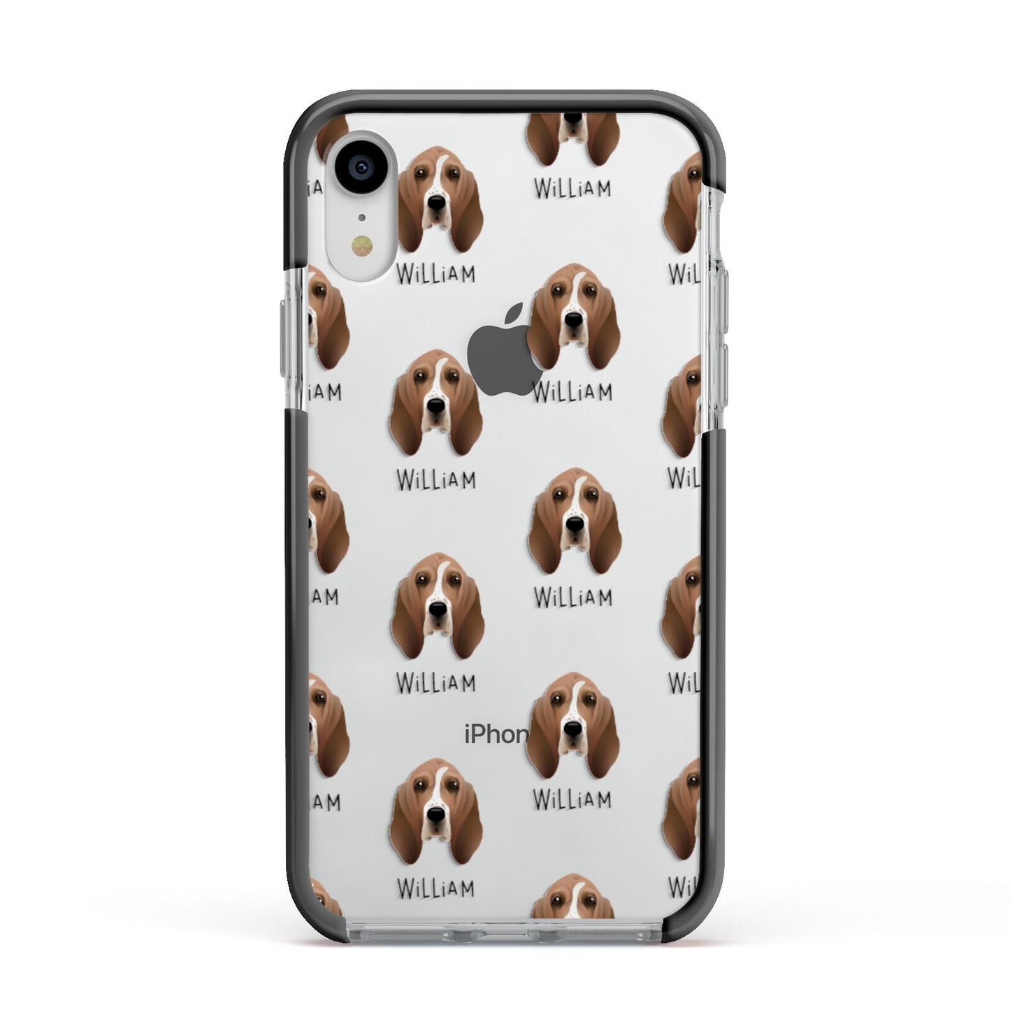 Basset Hound Icon with Name Apple iPhone XR Impact Case Black Edge on Silver Phone