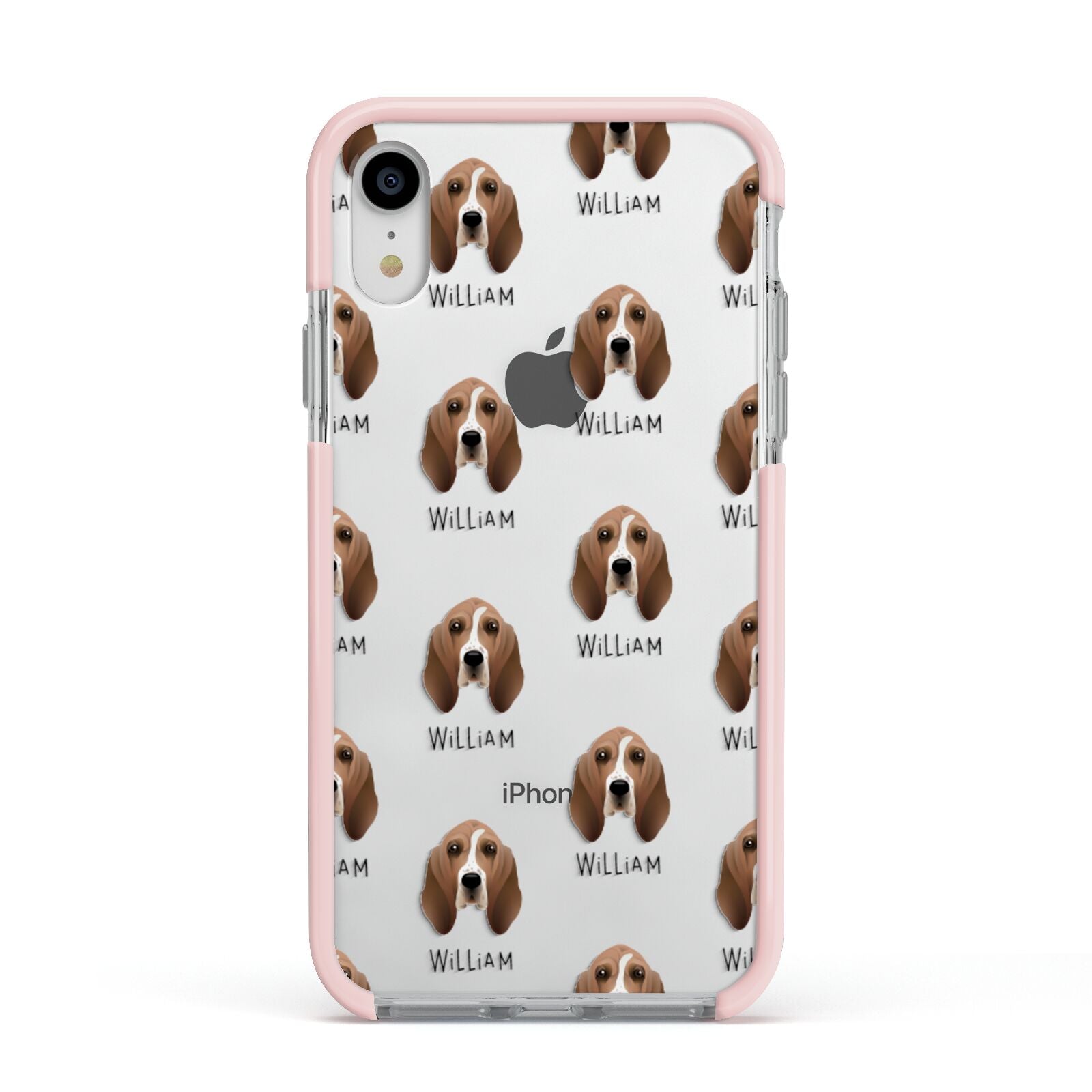 Basset Hound Icon with Name Apple iPhone XR Impact Case Pink Edge on Silver Phone