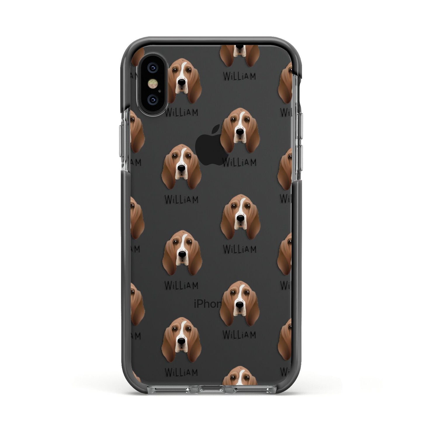 Basset Hound Icon with Name Apple iPhone Xs Impact Case Black Edge on Black Phone