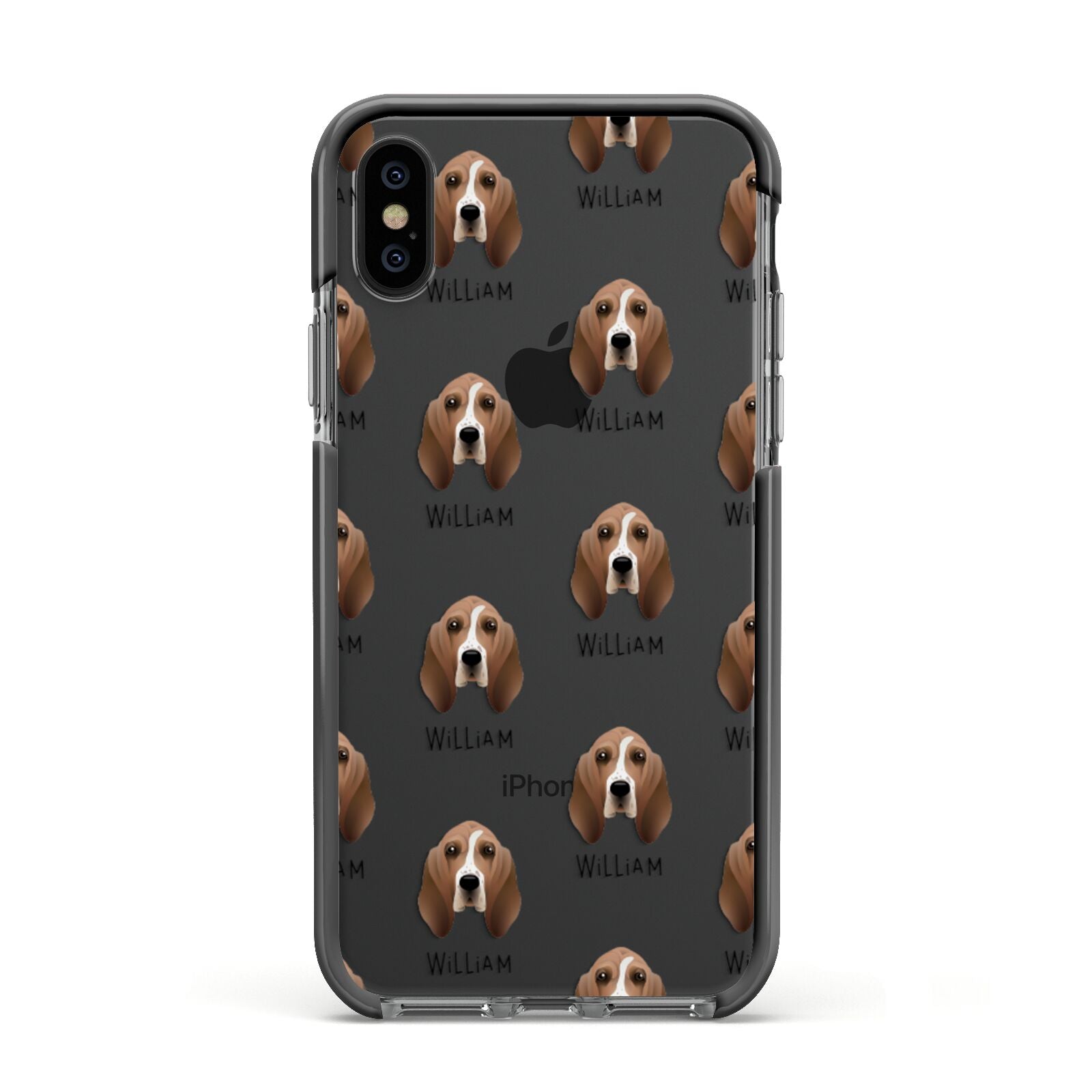 Basset Hound Icon with Name Apple iPhone Xs Impact Case Black Edge on Black Phone