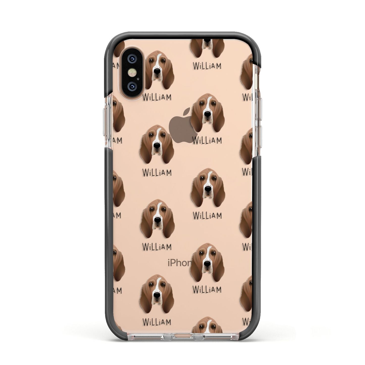 Basset Hound Icon with Name Apple iPhone Xs Impact Case Black Edge on Gold Phone