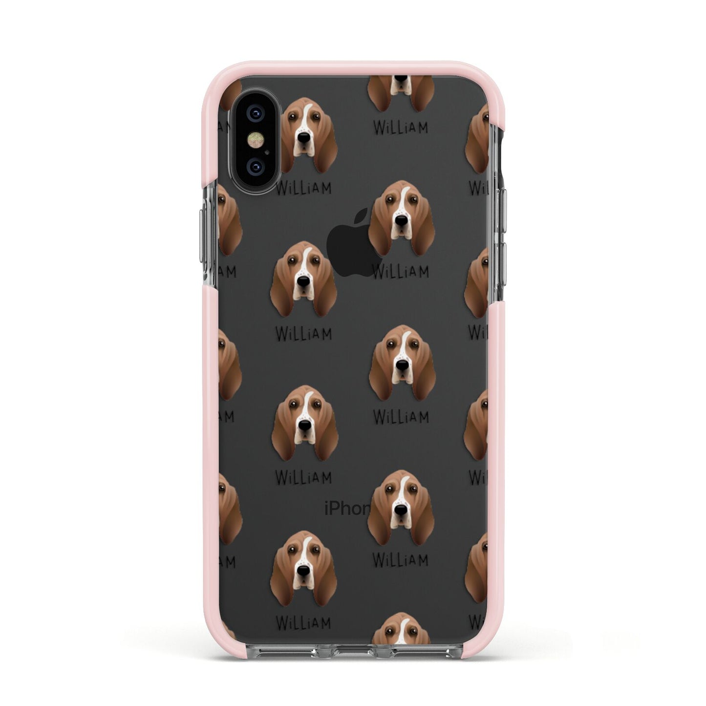 Basset Hound Icon with Name Apple iPhone Xs Impact Case Pink Edge on Black Phone