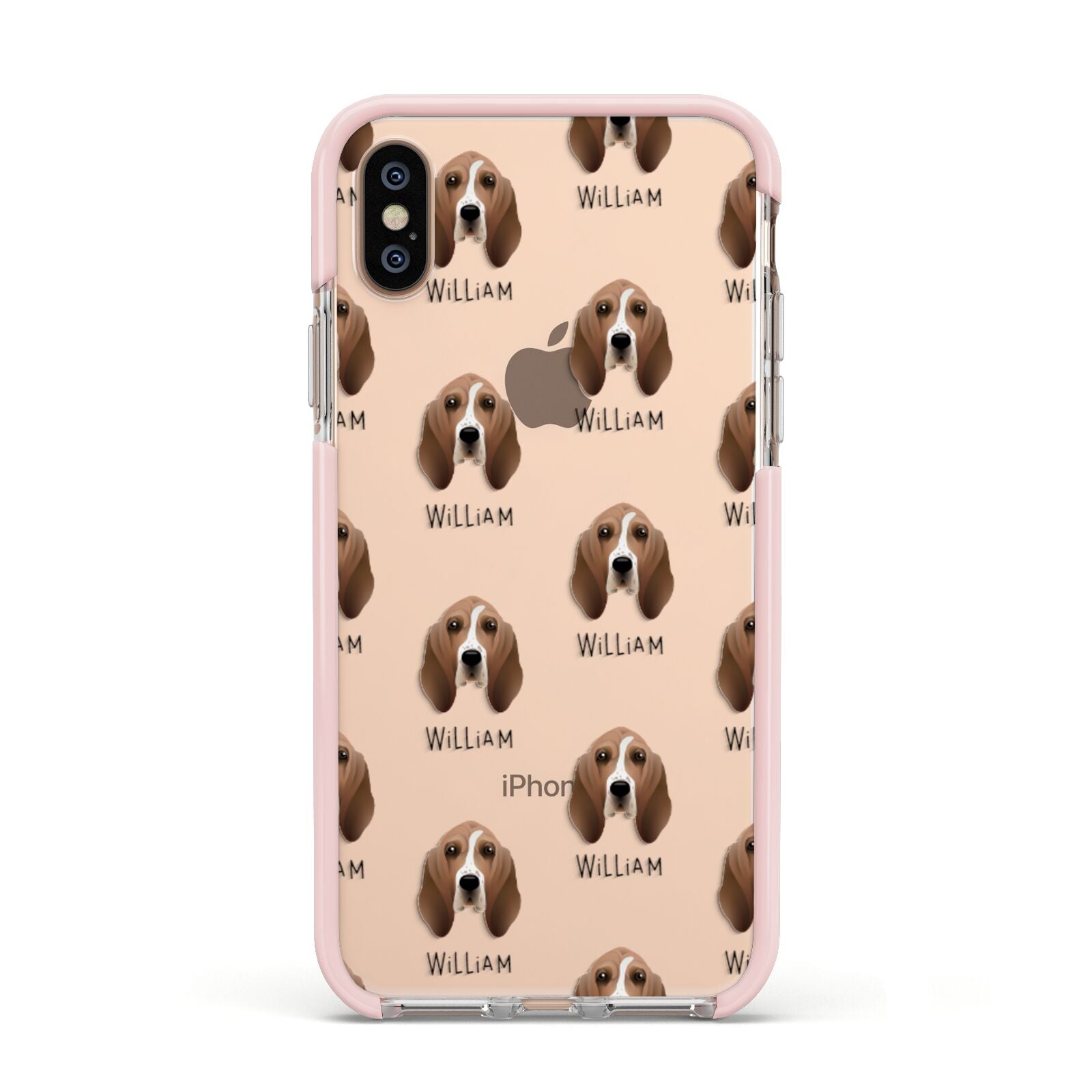Basset Hound Icon with Name Apple iPhone Xs Impact Case Pink Edge on Gold Phone