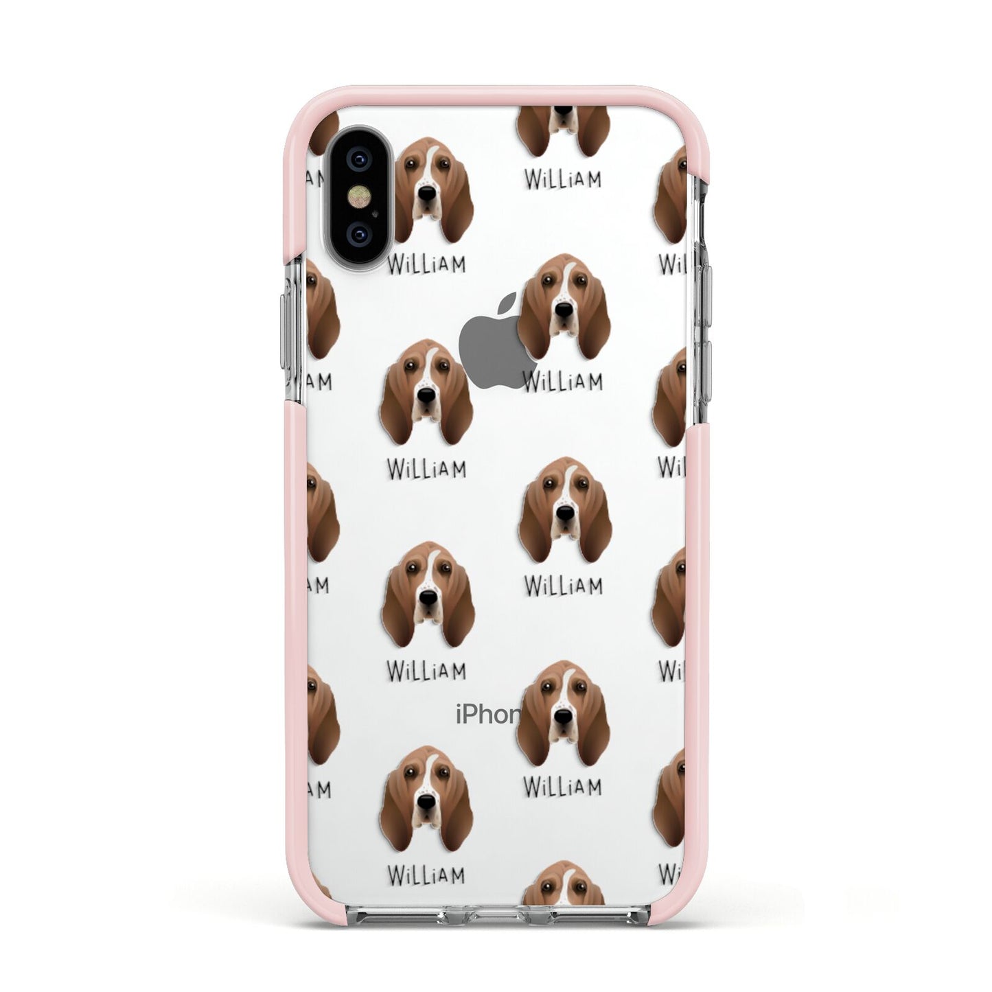 Basset Hound Icon with Name Apple iPhone Xs Impact Case Pink Edge on Silver Phone