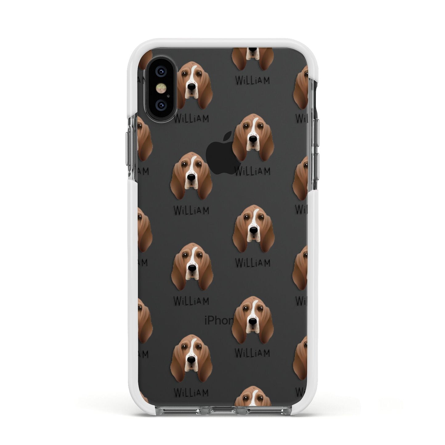 Basset Hound Icon with Name Apple iPhone Xs Impact Case White Edge on Black Phone