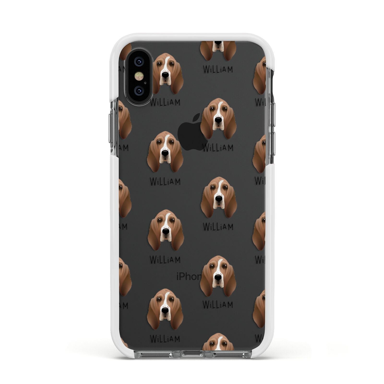 Basset Hound Icon with Name Apple iPhone Xs Impact Case White Edge on Black Phone