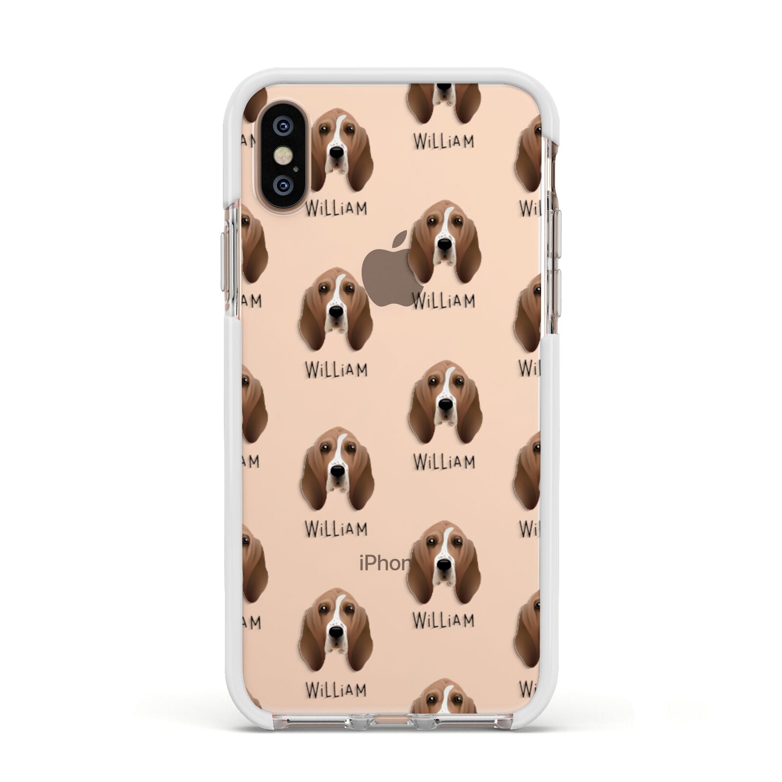 Basset Hound Icon with Name Apple iPhone Xs Impact Case White Edge on Gold Phone