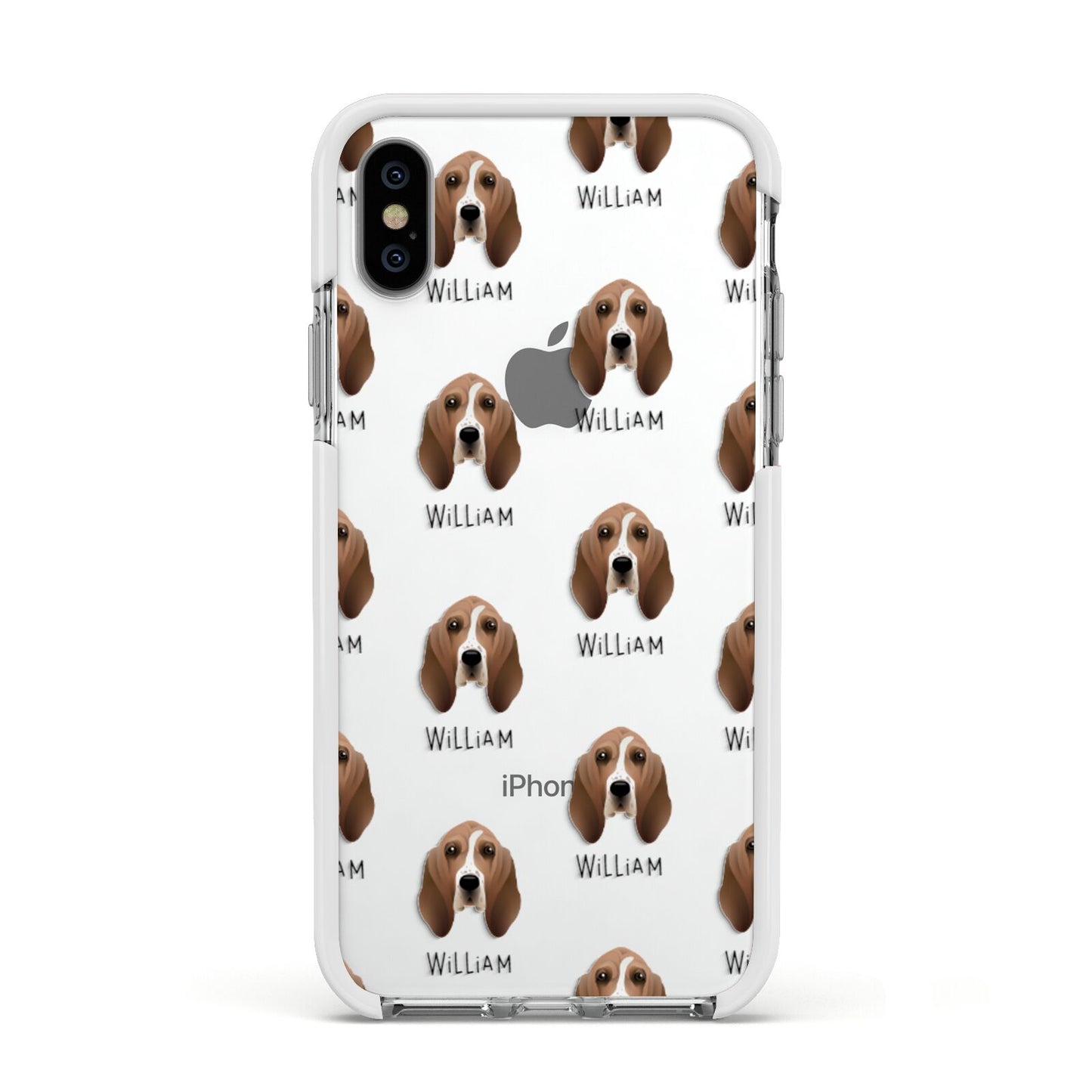 Basset Hound Icon with Name Apple iPhone Xs Impact Case White Edge on Silver Phone