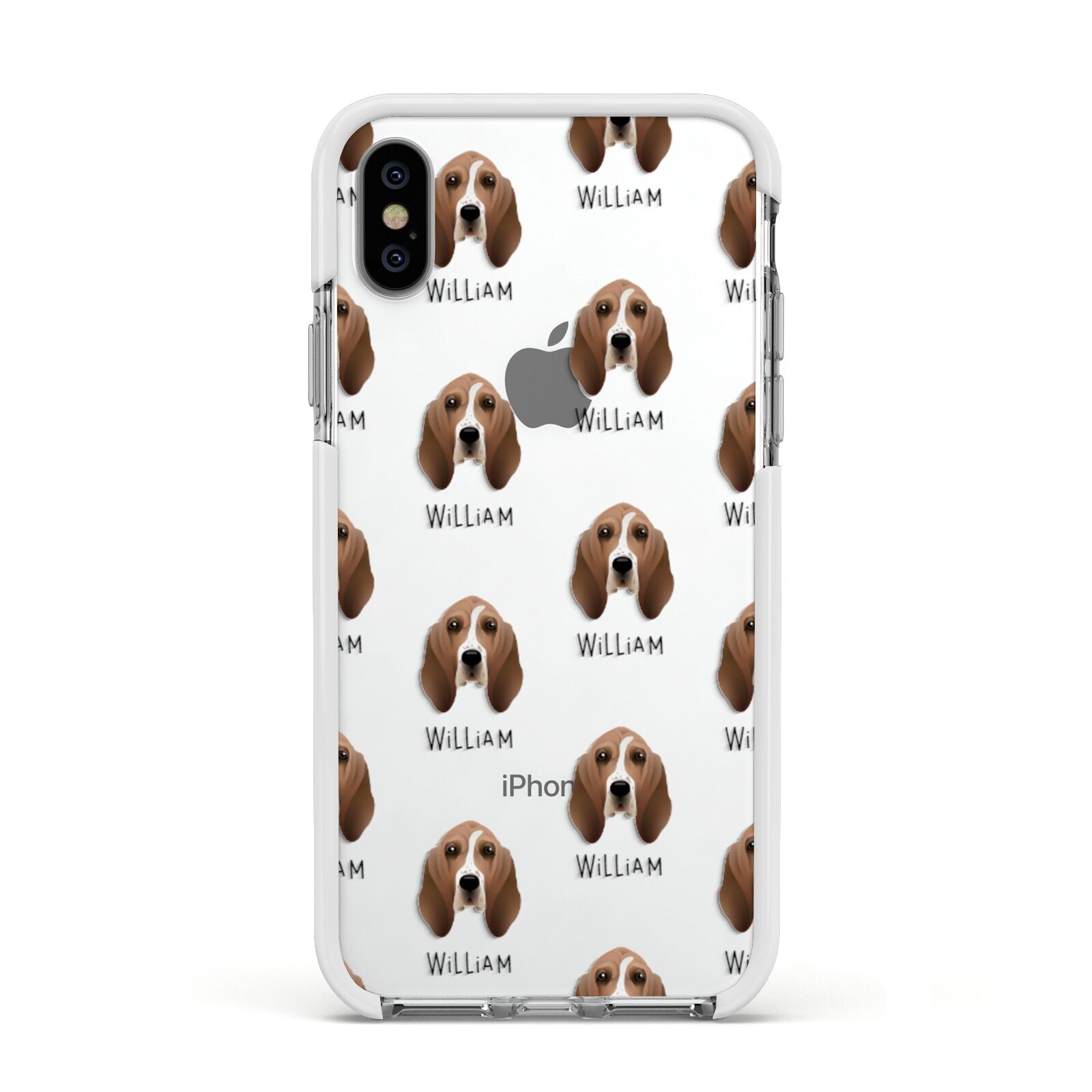 Basset Hound Icon with Name Apple iPhone Xs Impact Case White Edge on Silver Phone