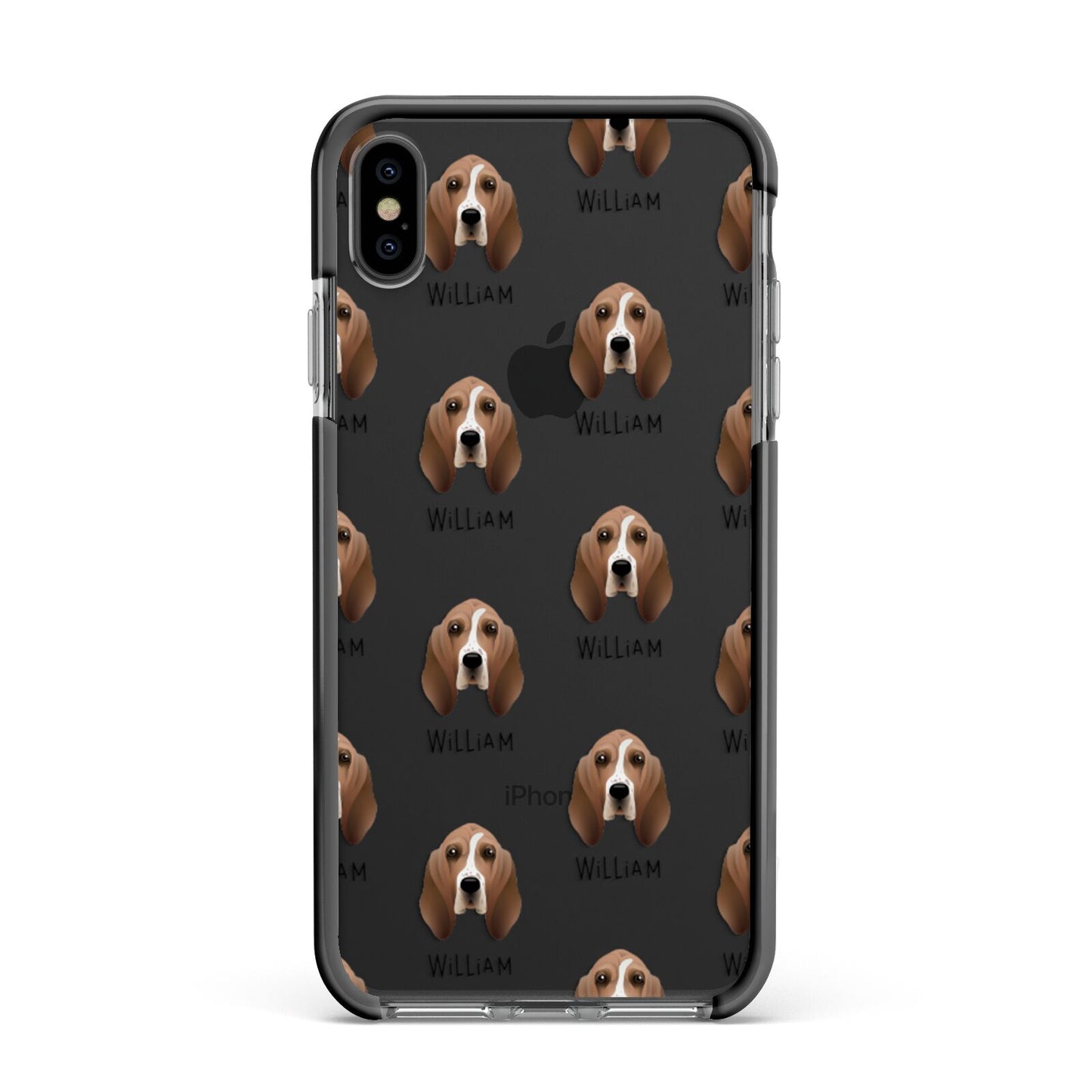 Basset Hound Icon with Name Apple iPhone Xs Max Impact Case Black Edge on Black Phone