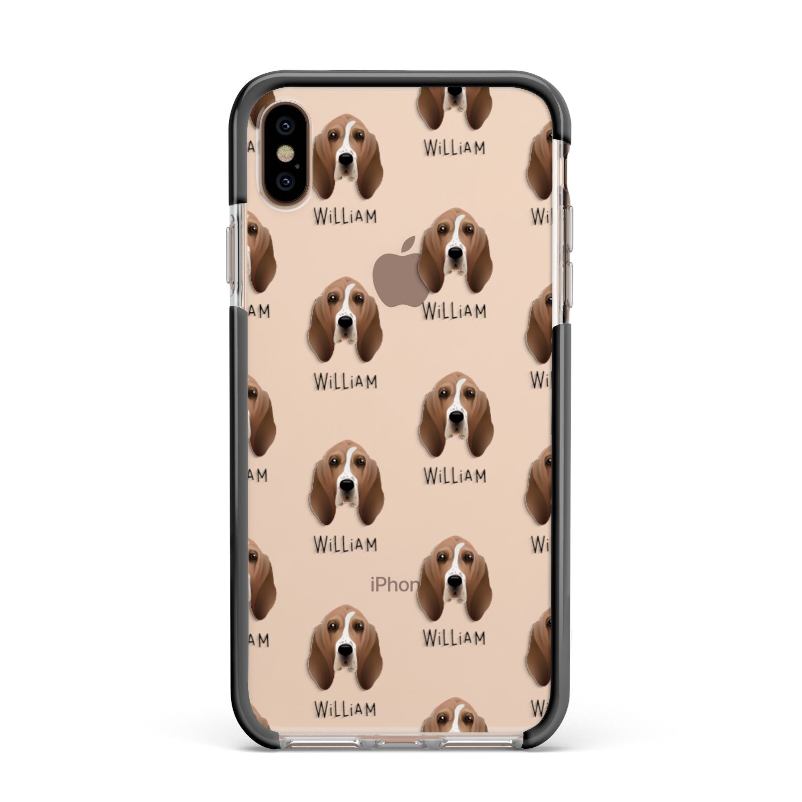 Basset Hound Icon with Name Apple iPhone Xs Max Impact Case Black Edge on Gold Phone