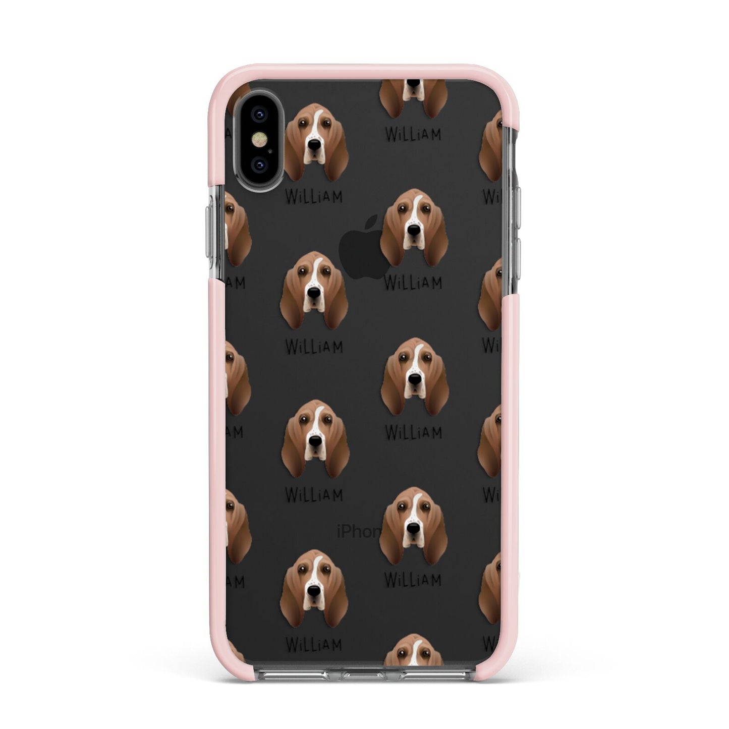 Basset Hound Icon with Name Apple iPhone Xs Max Impact Case Pink Edge on Black Phone