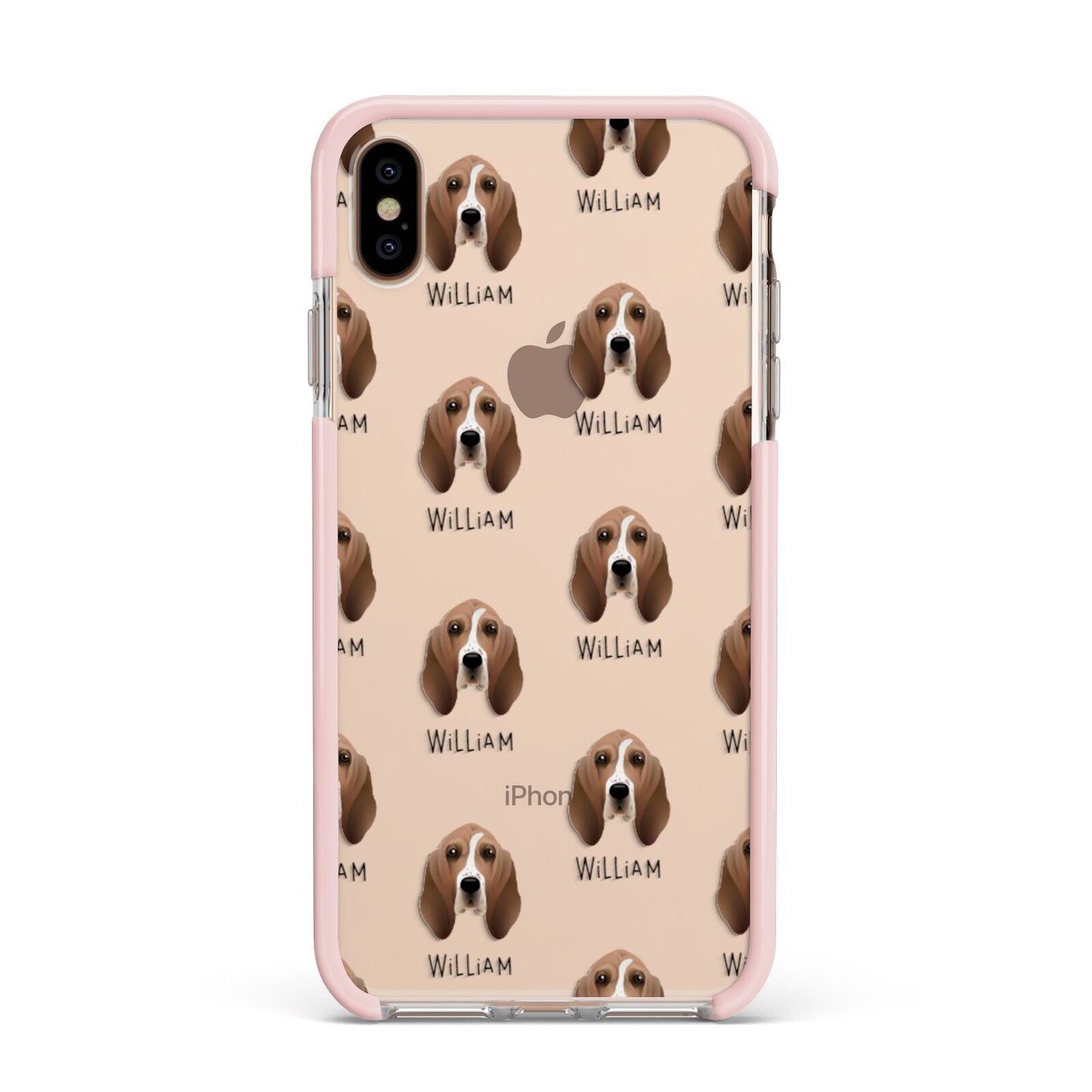 Basset Hound Icon with Name Apple iPhone Xs Max Impact Case Pink Edge on Gold Phone