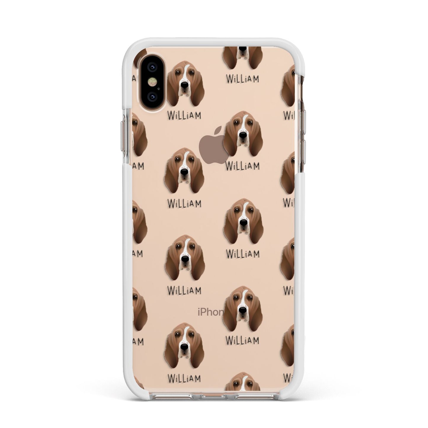 Basset Hound Icon with Name Apple iPhone Xs Max Impact Case White Edge on Gold Phone