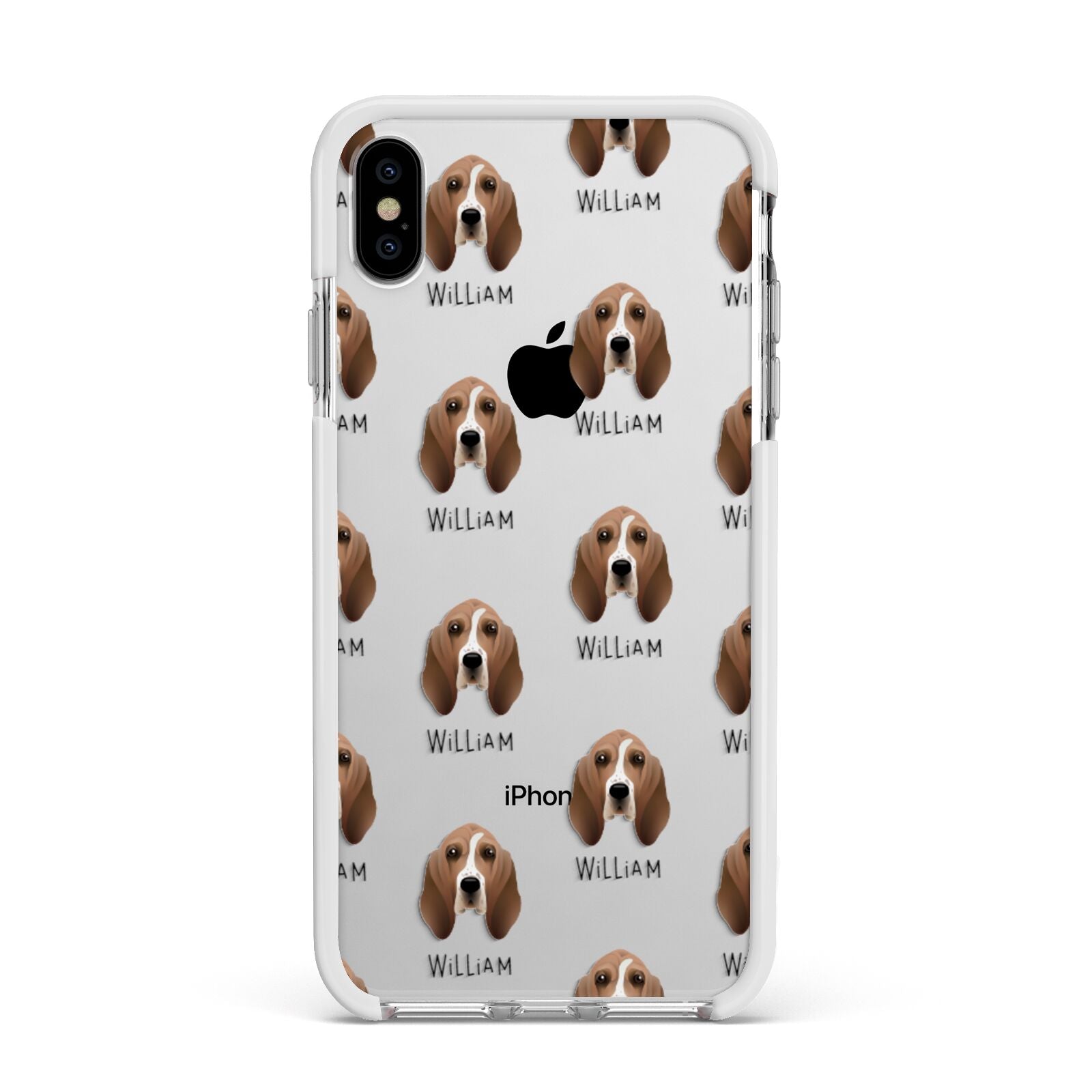Basset Hound Icon with Name Apple iPhone Xs Max Impact Case White Edge on Silver Phone