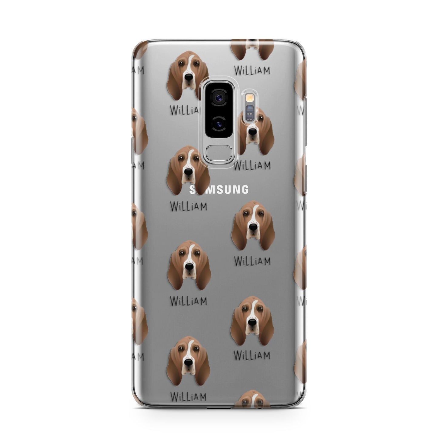 Basset Hound Icon with Name Samsung Galaxy S9 Plus Case on Silver phone