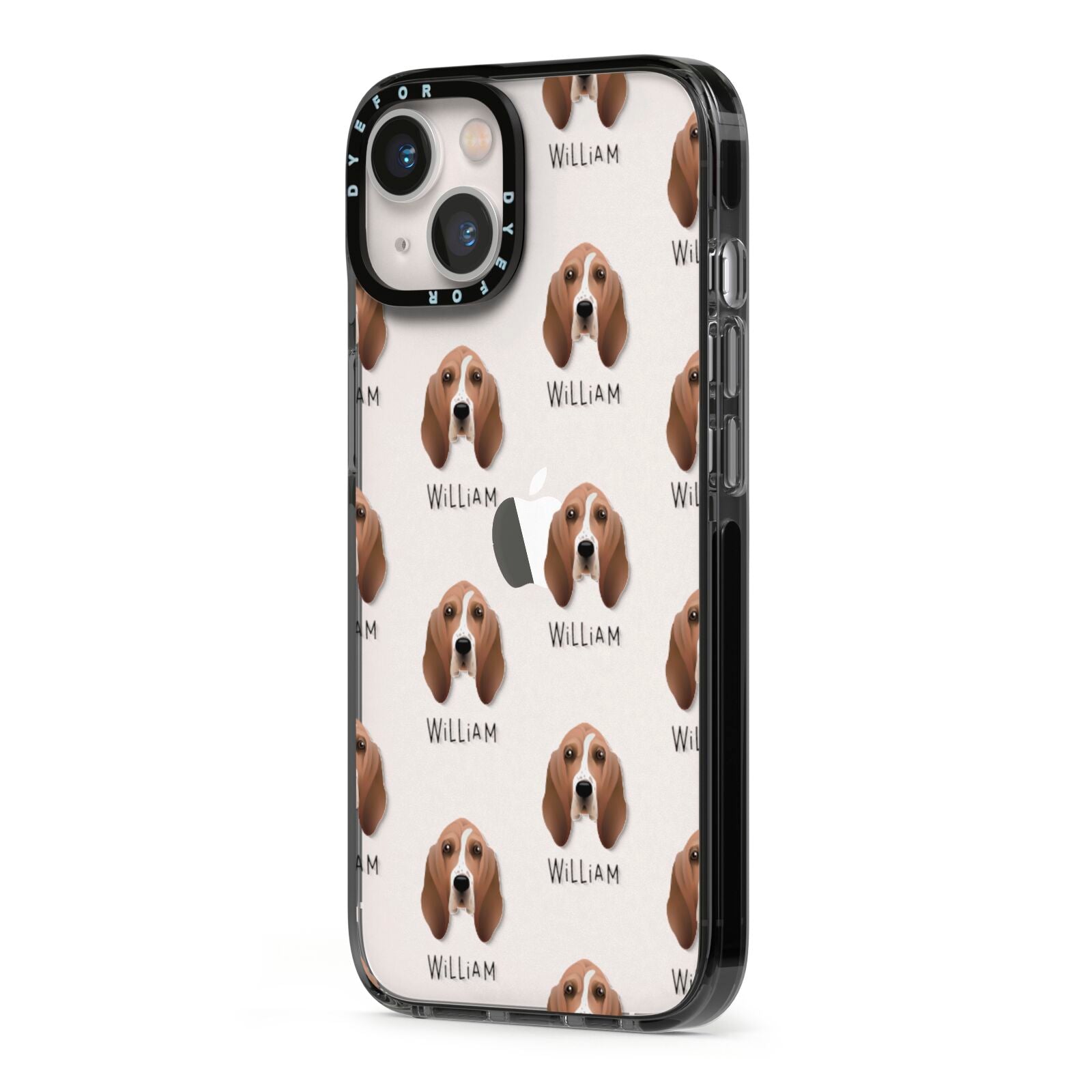 Basset Hound Icon with Name iPhone 13 Black Impact Case Side Angle on Silver phone