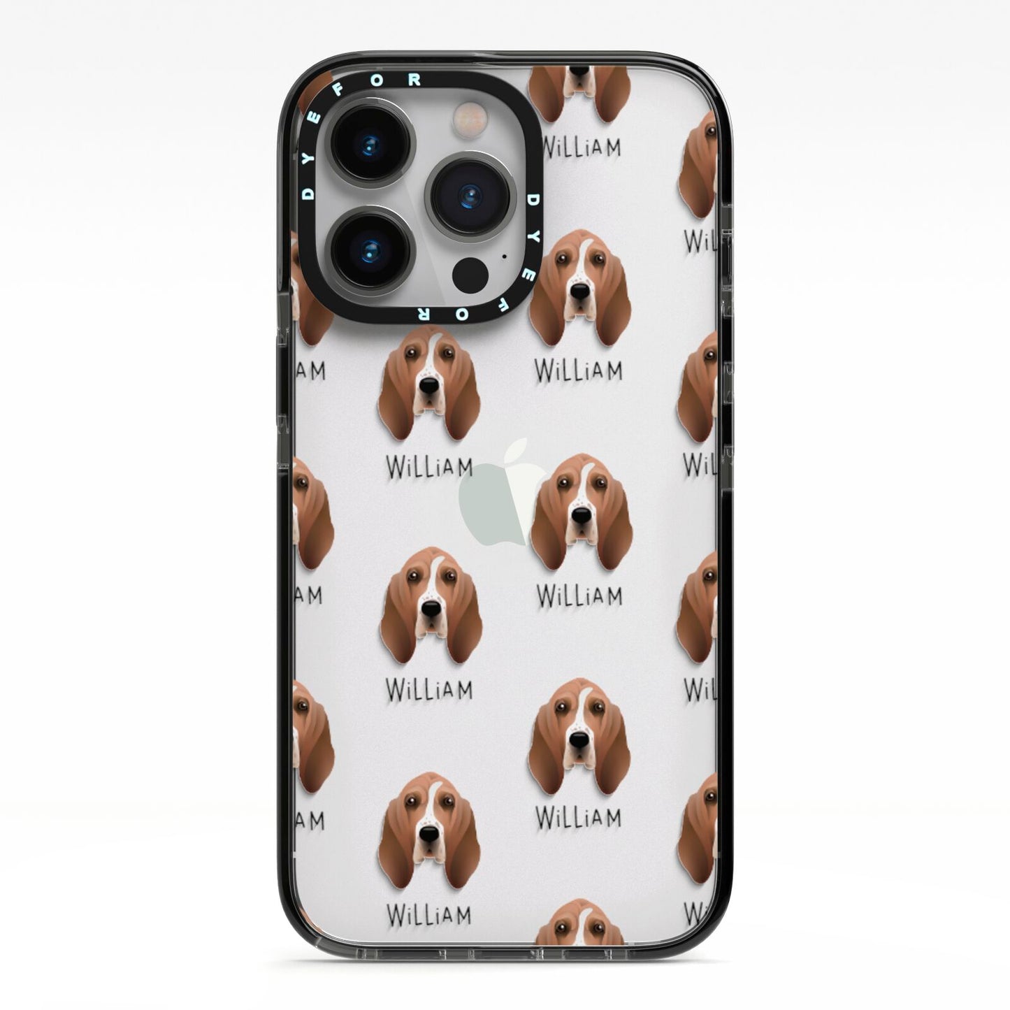 Basset Hound Icon with Name iPhone 13 Pro Black Impact Case on Silver phone