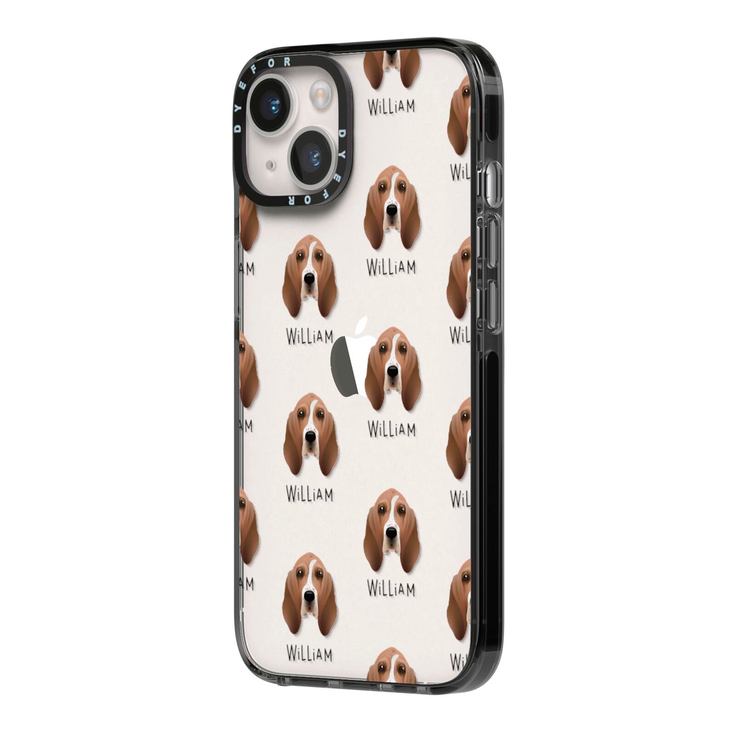 Basset Hound Icon with Name iPhone 14 Black Impact Case Side Angle on Silver phone