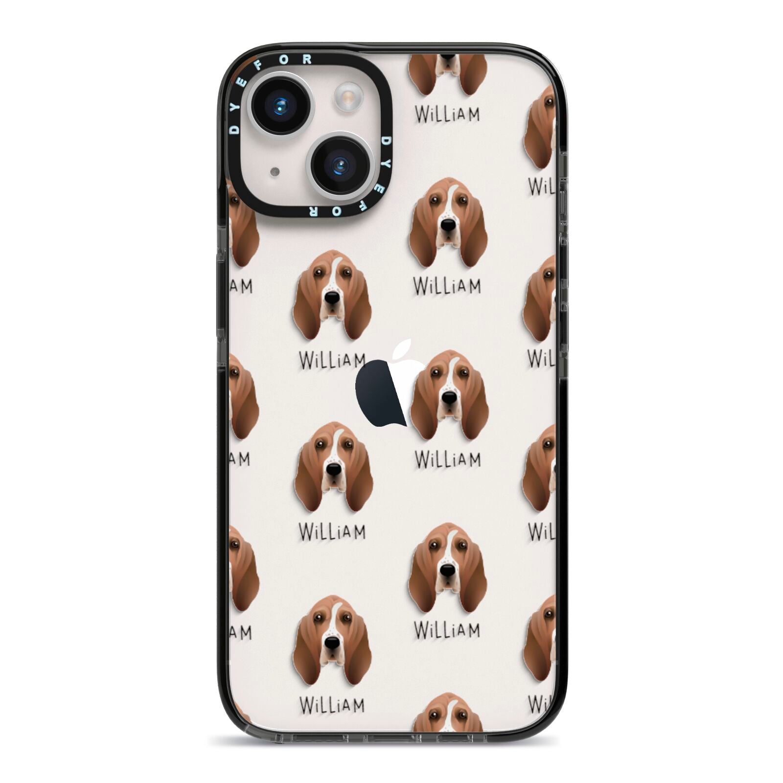 Basset Hound Icon with Name iPhone 14 Black Impact Case on Silver phone