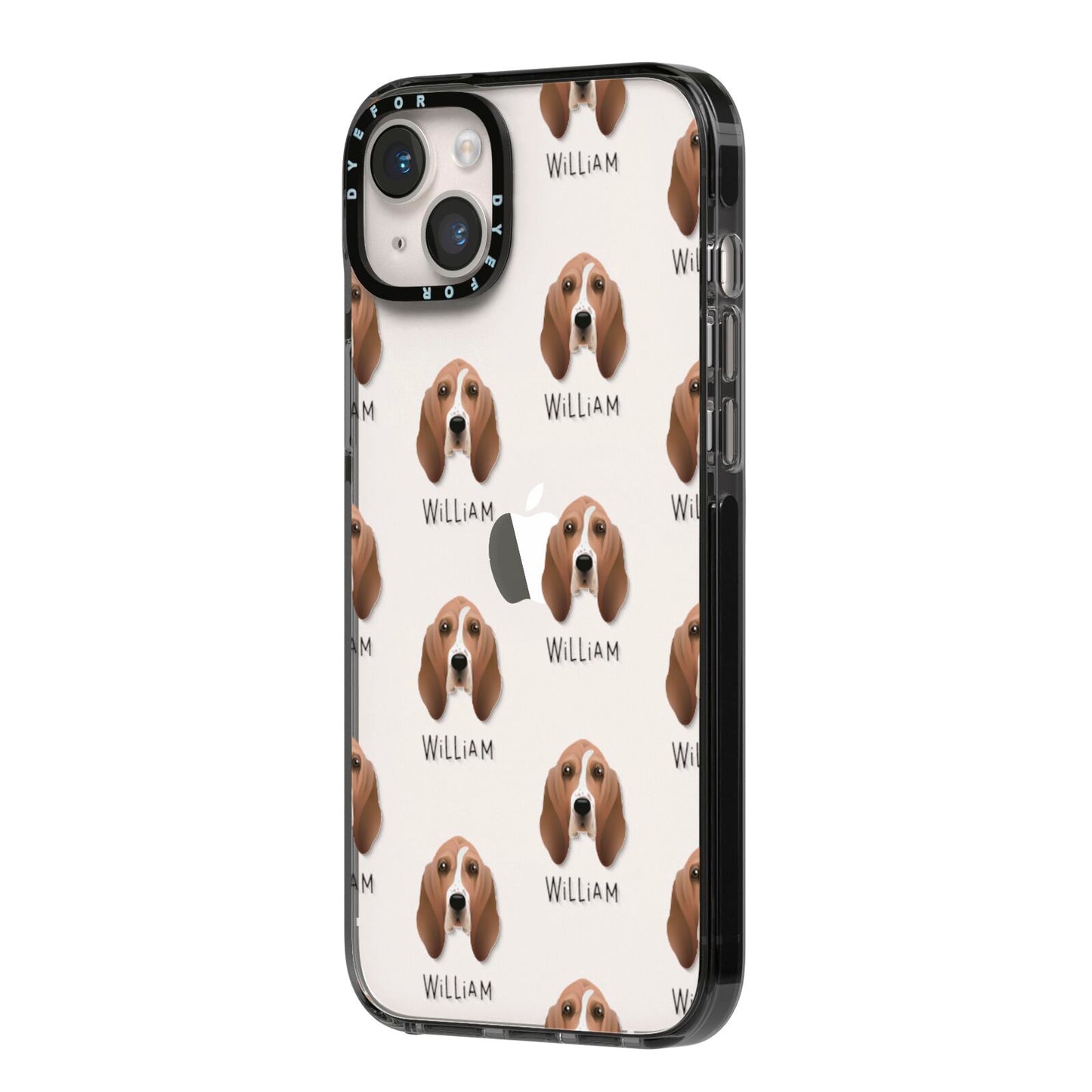 Basset Hound Icon with Name iPhone 14 Plus Black Impact Case Side Angle on Silver phone